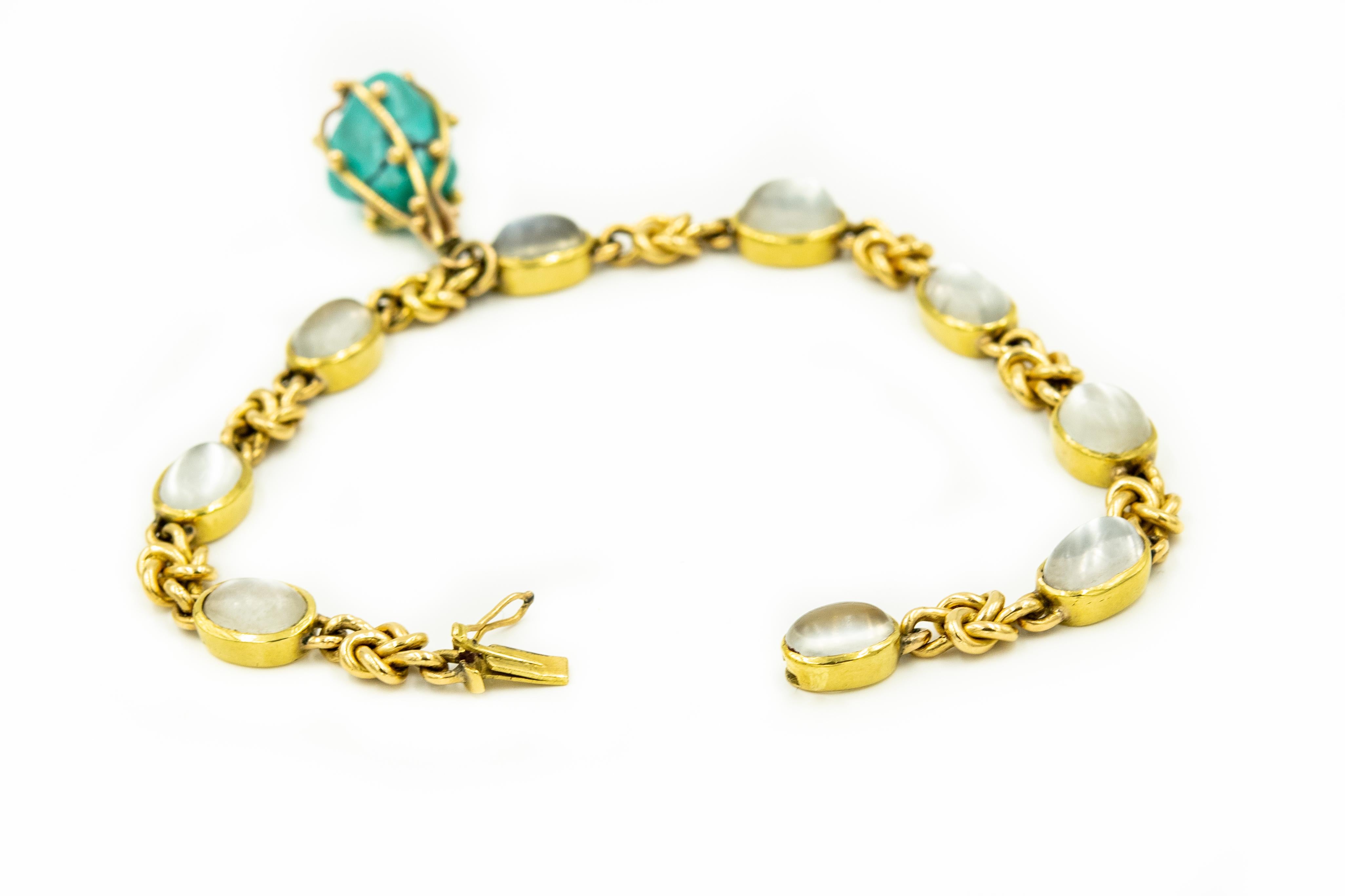 Women's or Men's Moonstone and Turquoise Yellow Gold Knot Bracelet