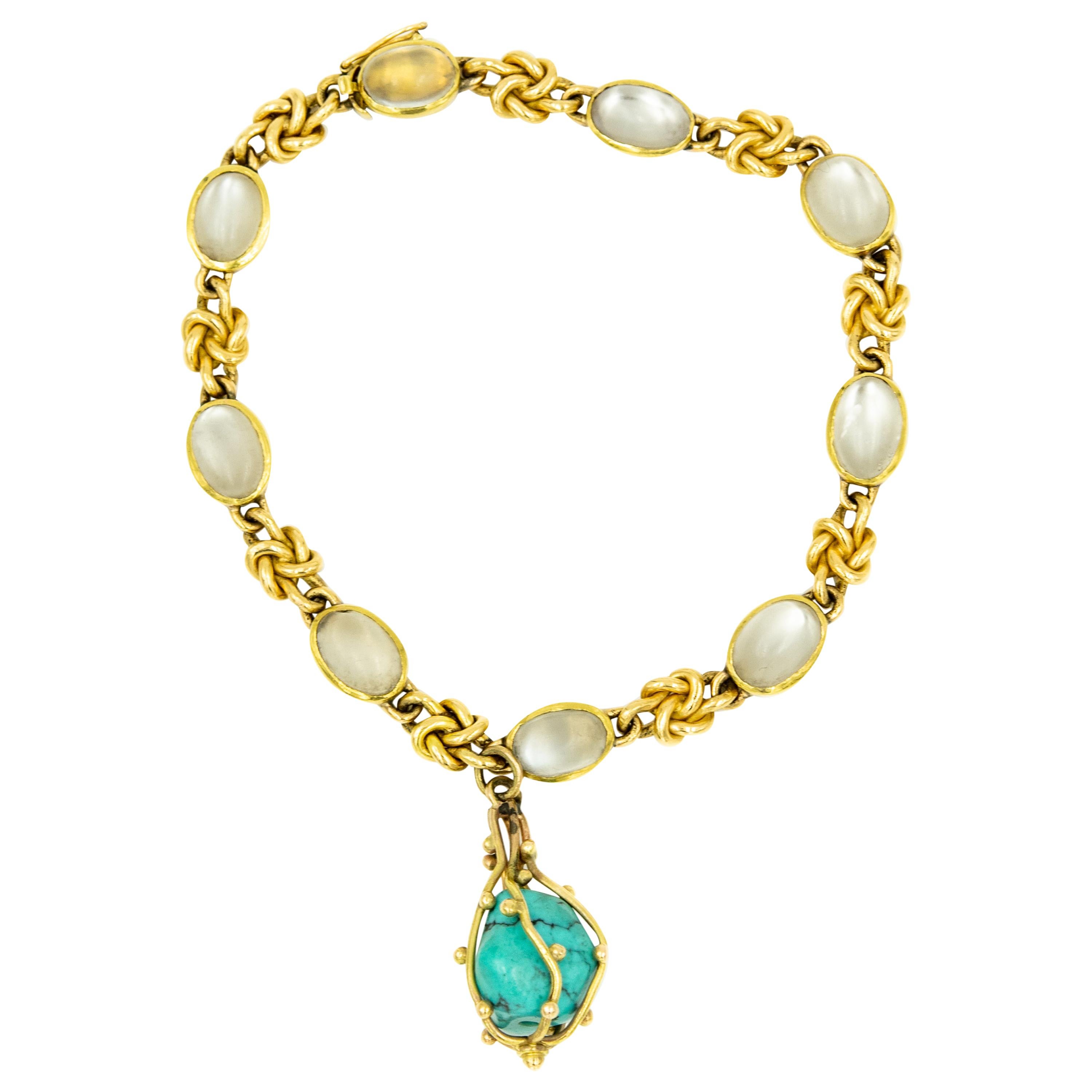 Moonstone and Turquoise Yellow Gold Knot Bracelet