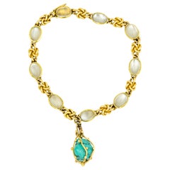 Vintage Moonstone and Turquoise Yellow Gold Knot Bracelet