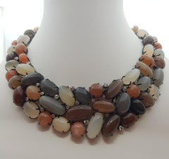 Moonstone and White Sapphire Necklace set in Silver Settings