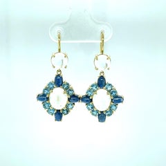 Moonstone, Aquamarine, and Sapphire Dangle Earrings in Yellow Gold