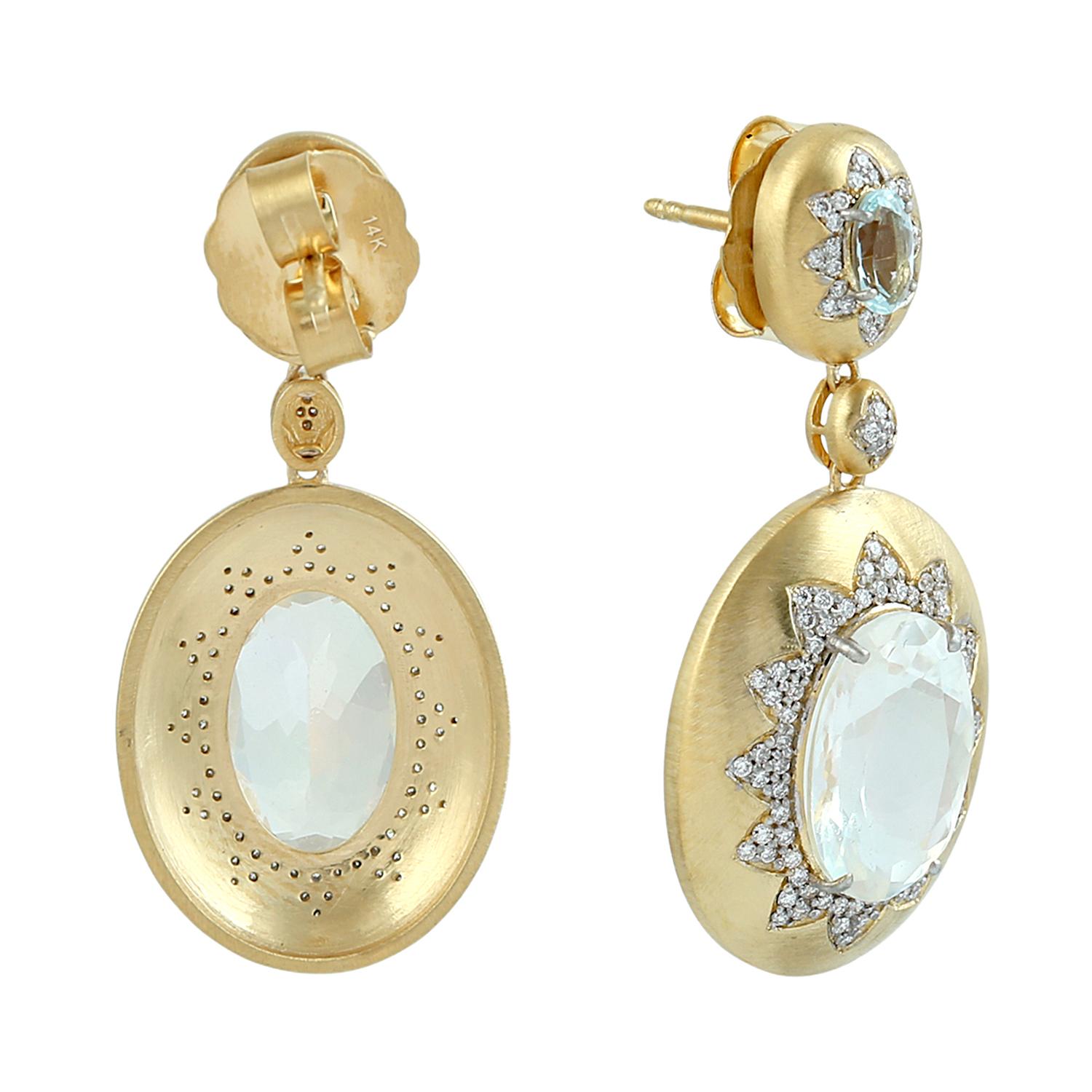 Art Deco Moonstone & Aquamarine Dangle Earrings Accented With Diamonds In 14k Gold For Sale