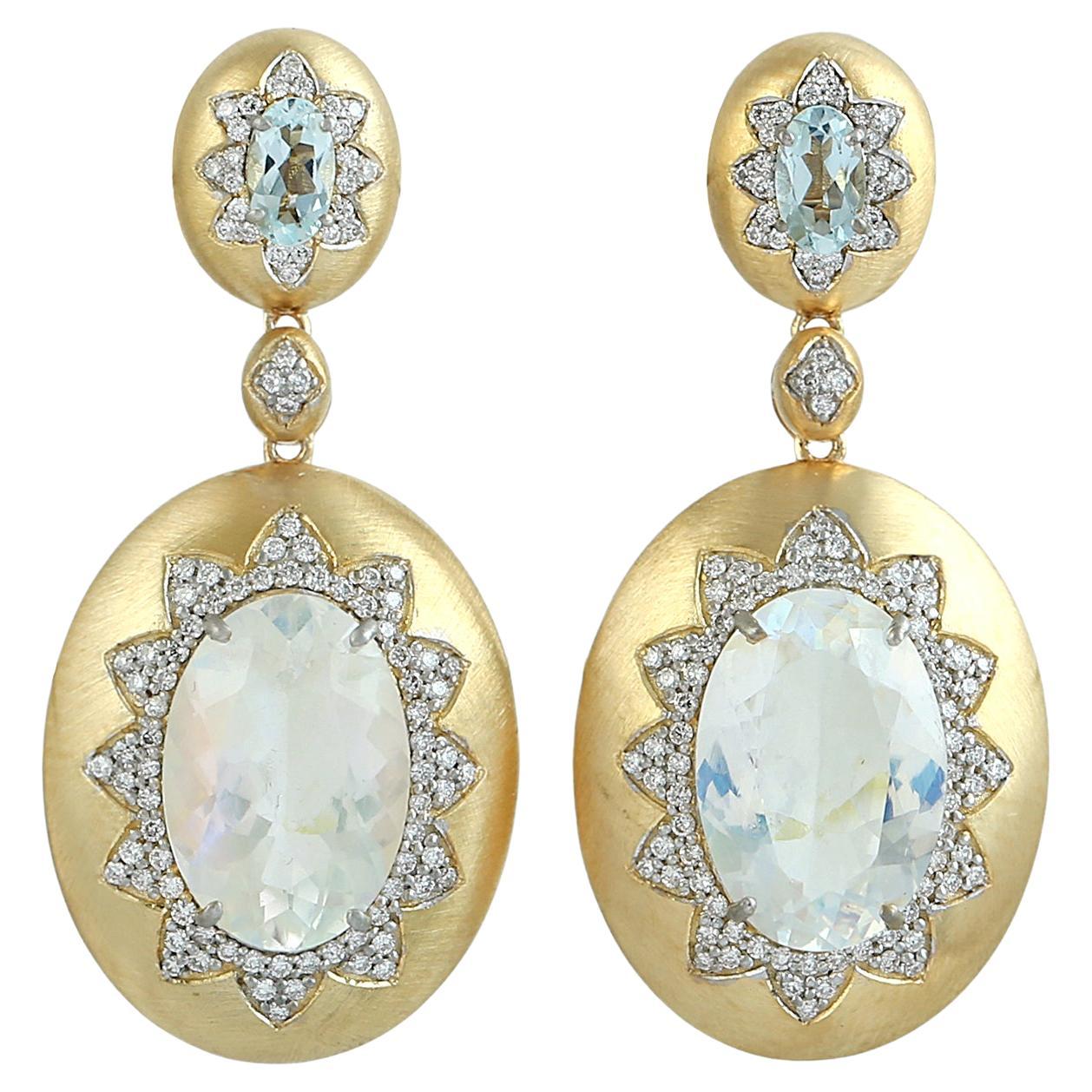 Moonstone & Aquamarine Dangle Earrings Accented With Diamonds In 14k Gold