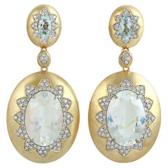 Moonstone & Aquamarine Dangle Earrings Accented With Diamonds In 14k Gold