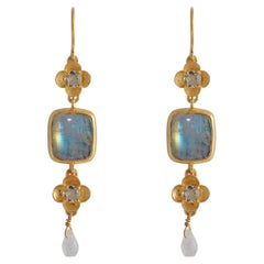 Moonstone Aquamarine Gold Plate Dangle Earrings