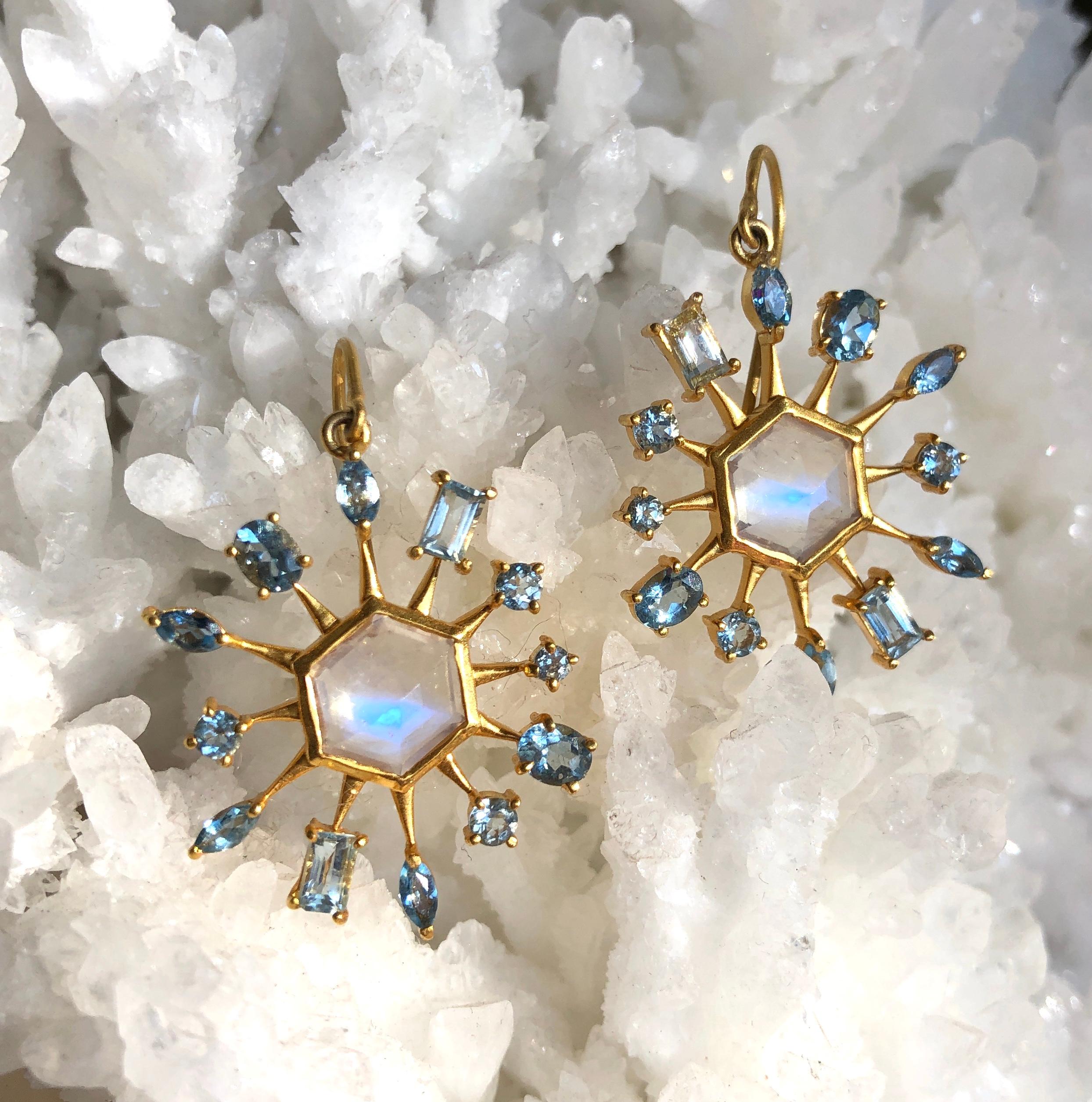 Designed by award winning designer, Lauren Harper, these Rainbow Moonstone and Aquamarine 18kt Solid Gold earrings are a brand new addition to the collection. Faceted Moonstone has beautiful milky flash, and aquamarines are bright and sparkly. 