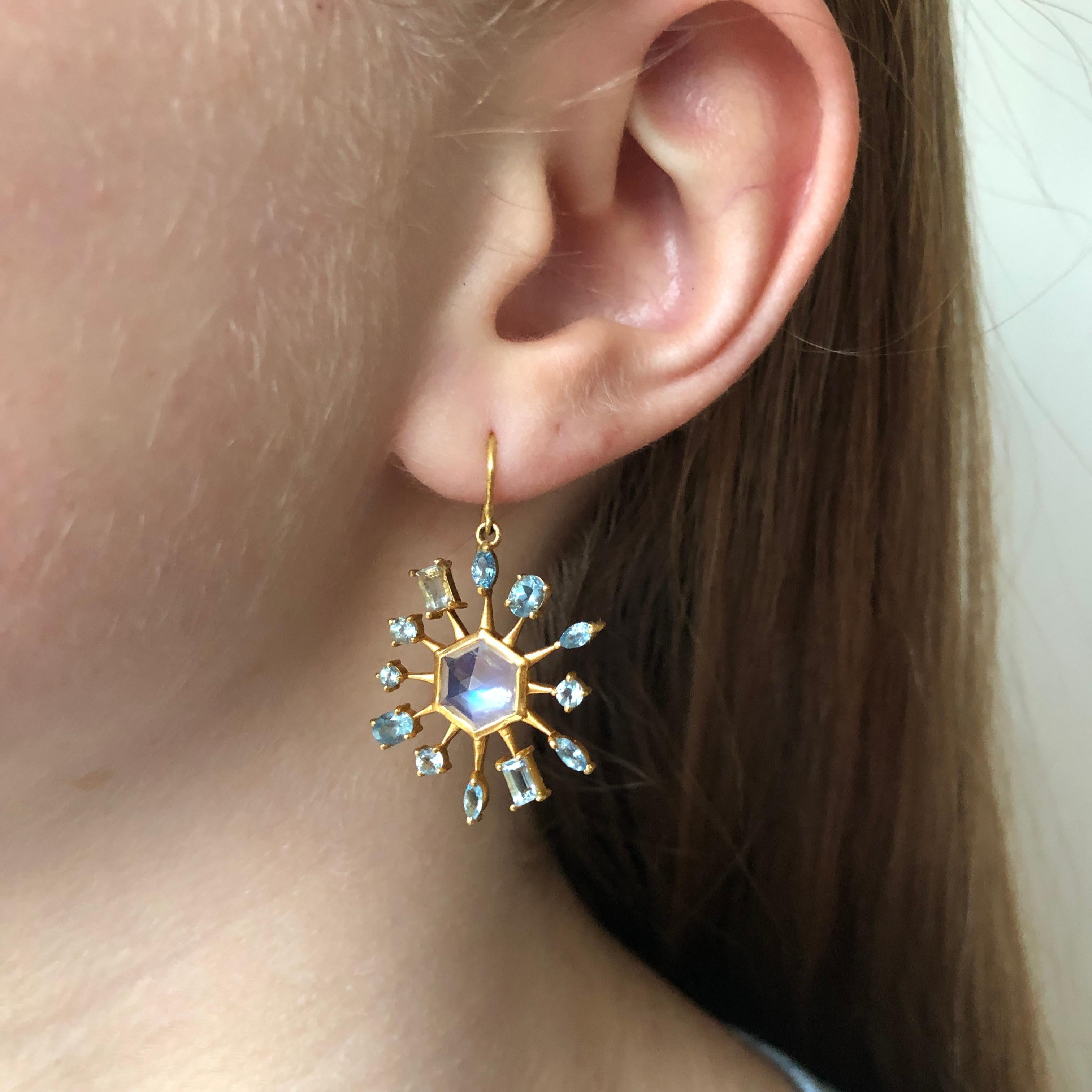 Artist Moonstone Aquamarine Gold Star Earrings by Lauren Harper For Sale