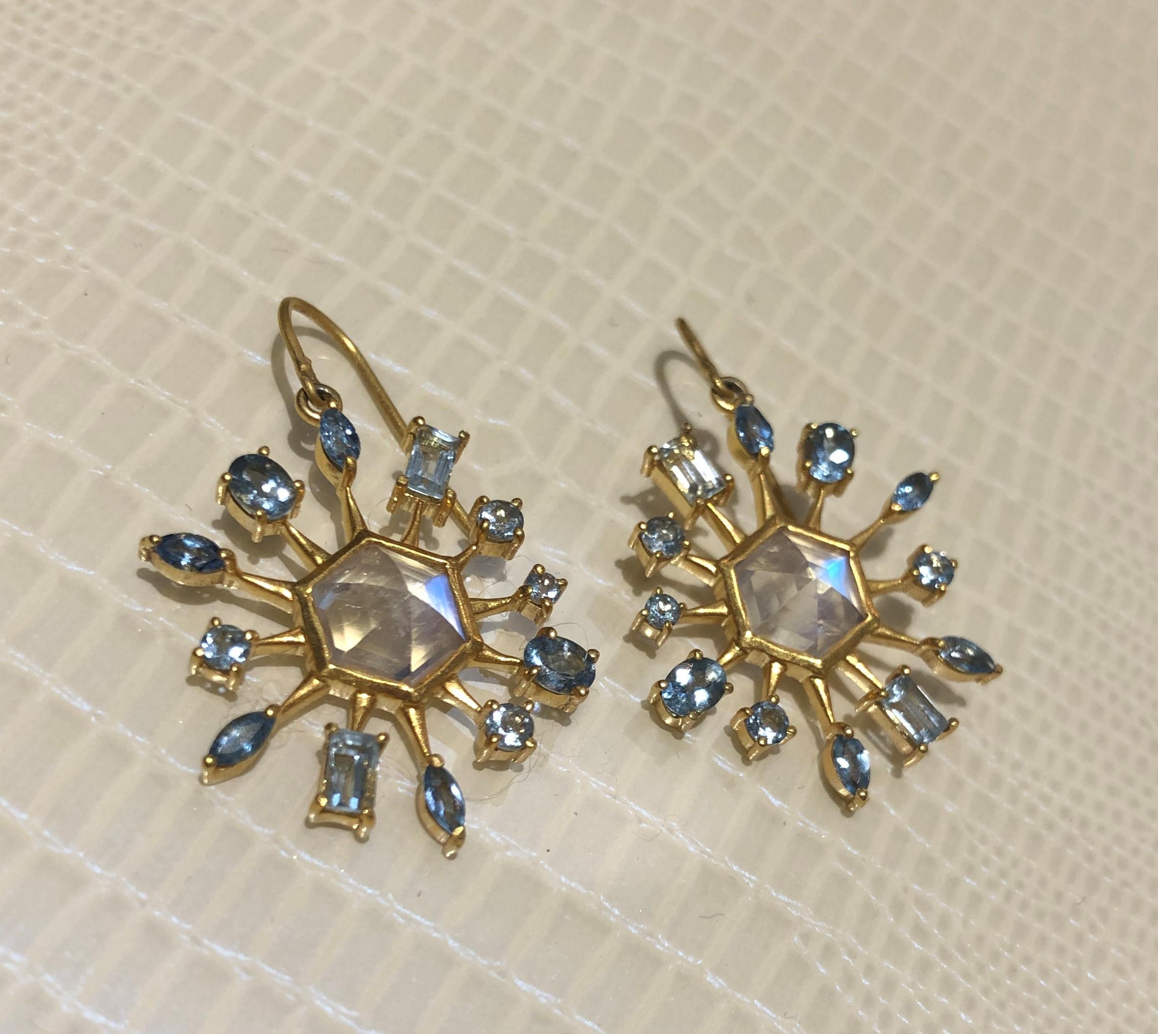 Moonstone Aquamarine Gold Star Earrings by Lauren Harper For Sale 1