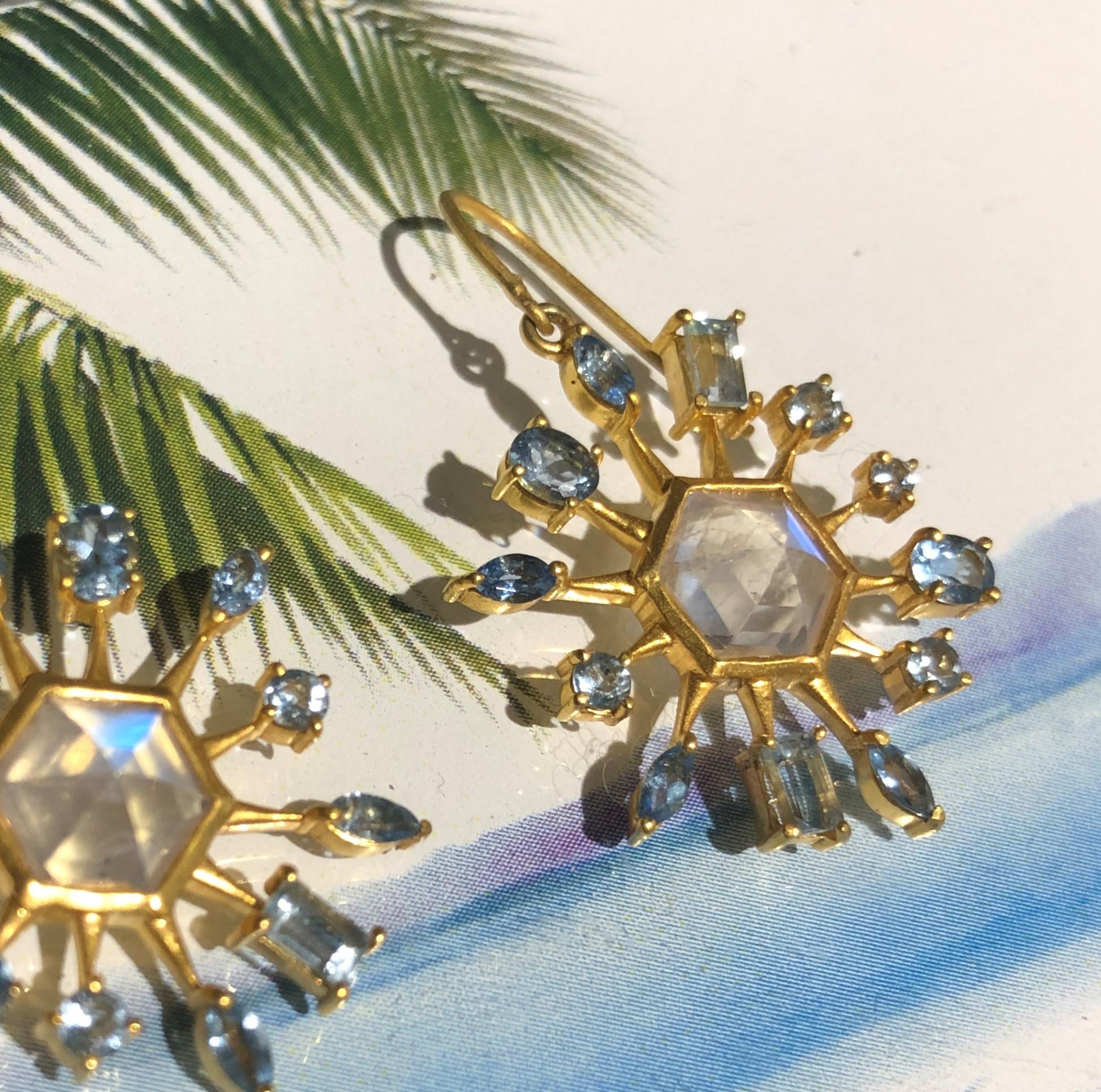 Moonstone Aquamarine Gold Star Earrings by Lauren Harper For Sale 2