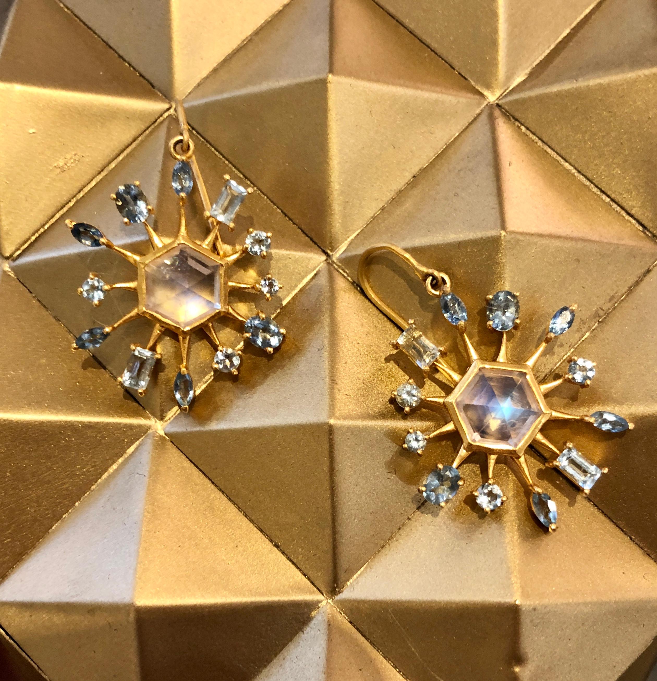 Moonstone Aquamarine Gold Star Earrings by Lauren Harper For Sale 3