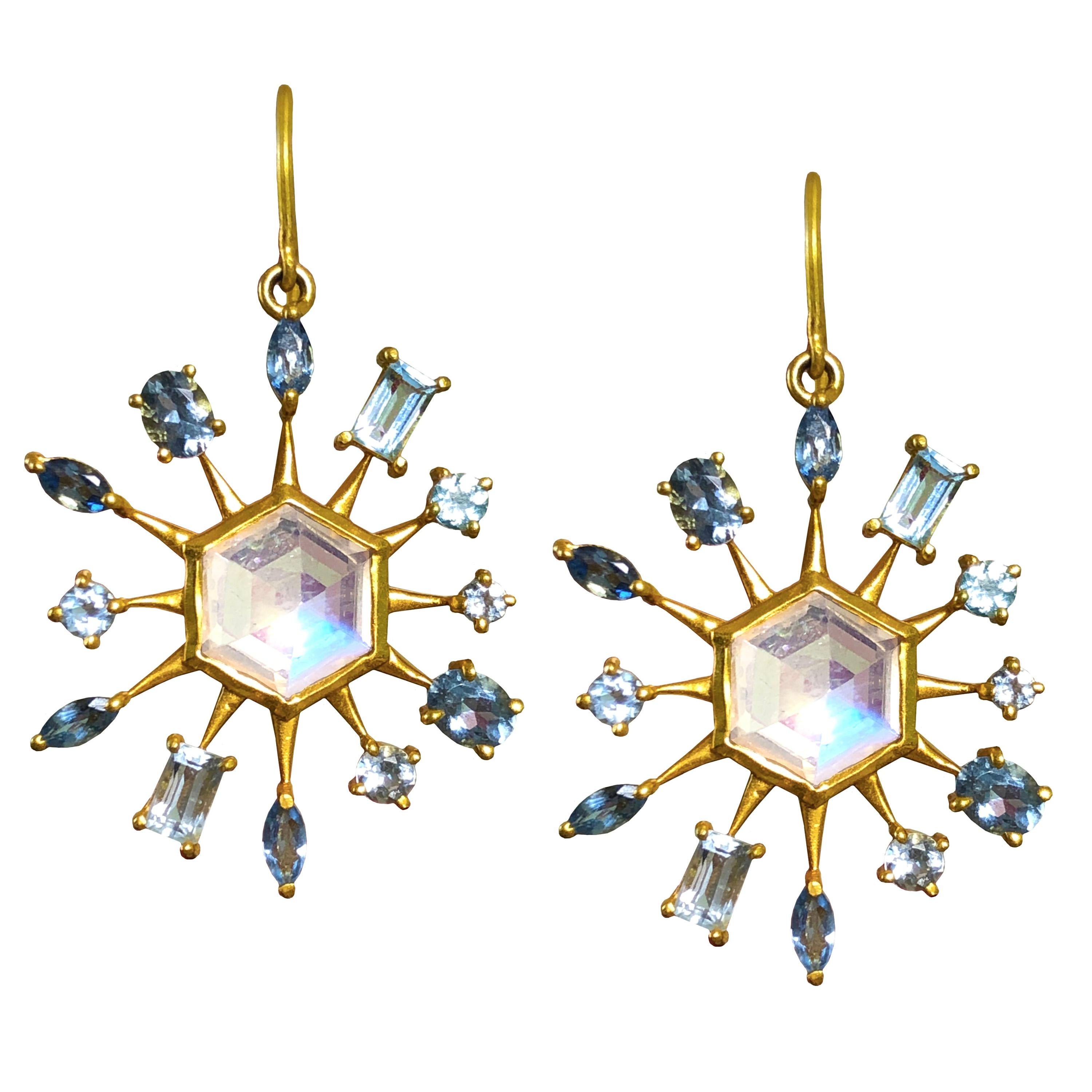 Moonstone Aquamarine Gold Star Earrings by Lauren Harper