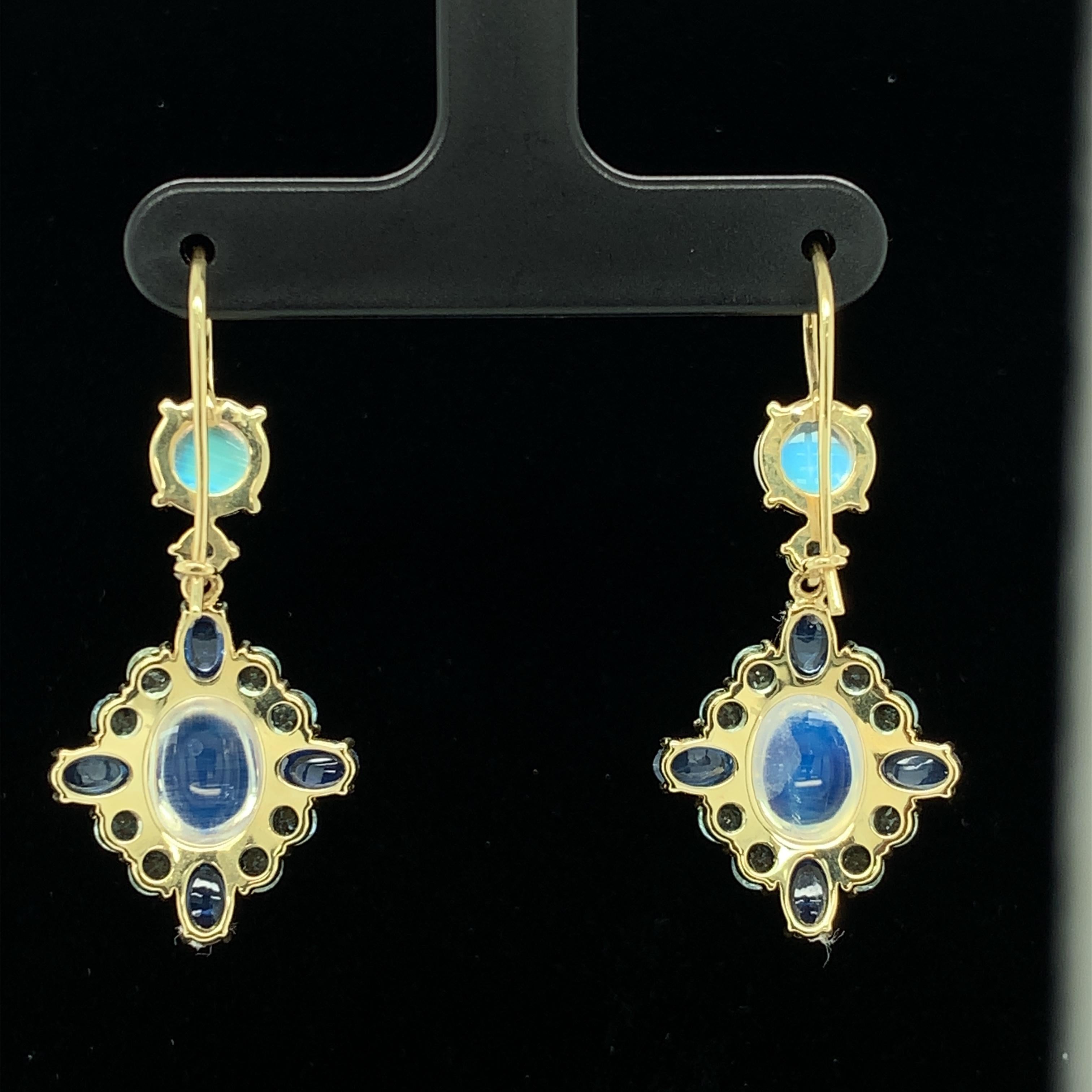 Artisan Moonstone, Aquamarine, Sapphire, Yellow Gold French Wire Dangle Drop Earrings