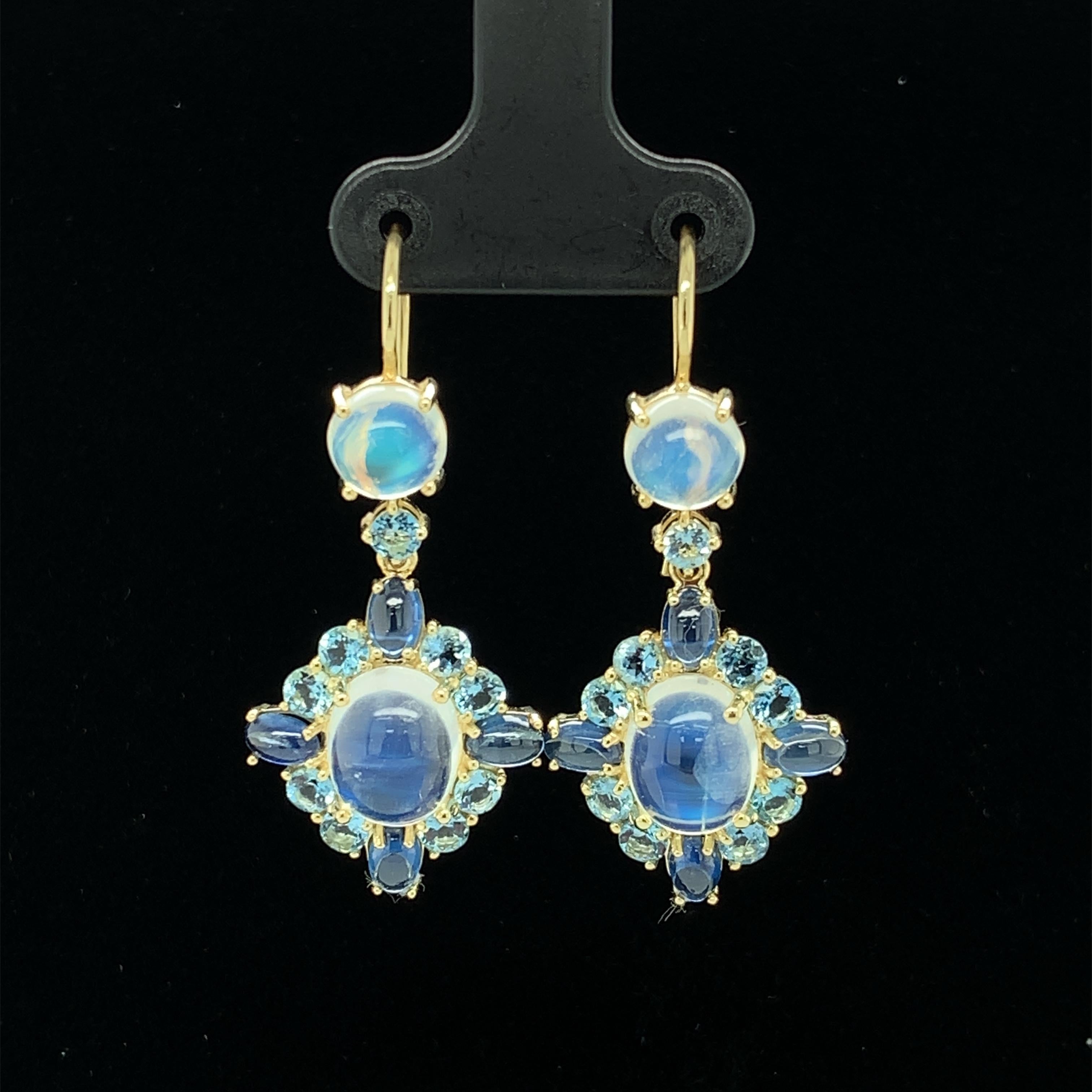 Round Cut Moonstone, Aquamarine, Sapphire, Yellow Gold French Wire Dangle Drop Earrings