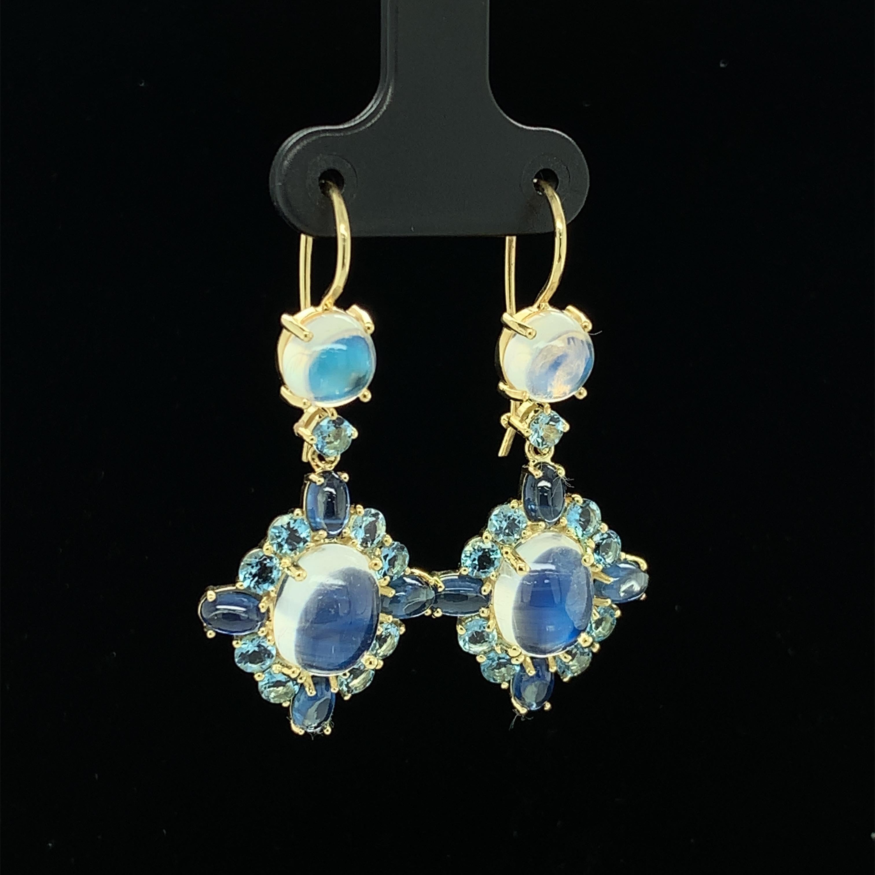 Moonstone, Aquamarine, Sapphire, Yellow Gold French Wire Dangle Drop Earrings In New Condition In Los Angeles, CA