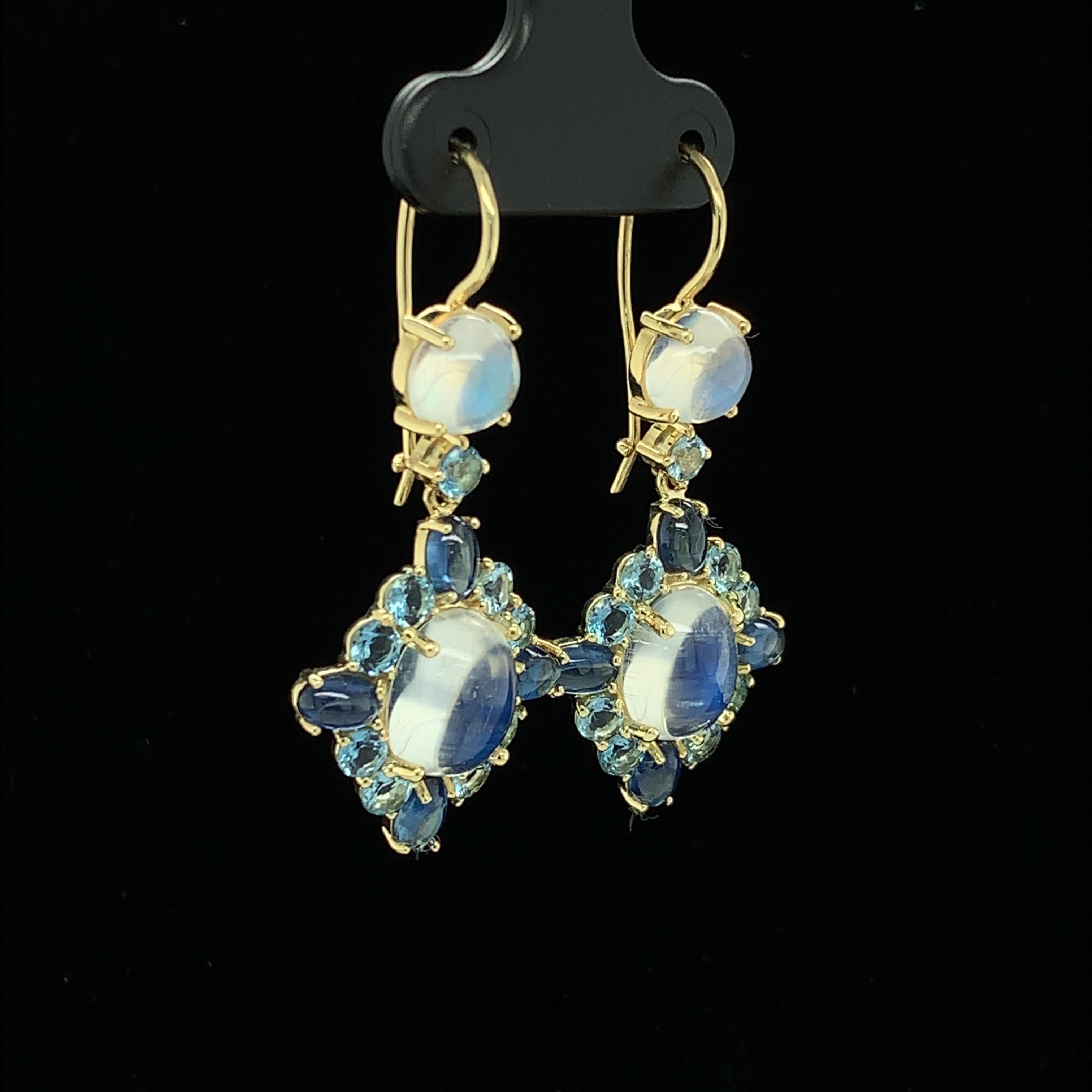 Women's Moonstone, Aquamarine, Sapphire, Yellow Gold French Wire Dangle Drop Earrings