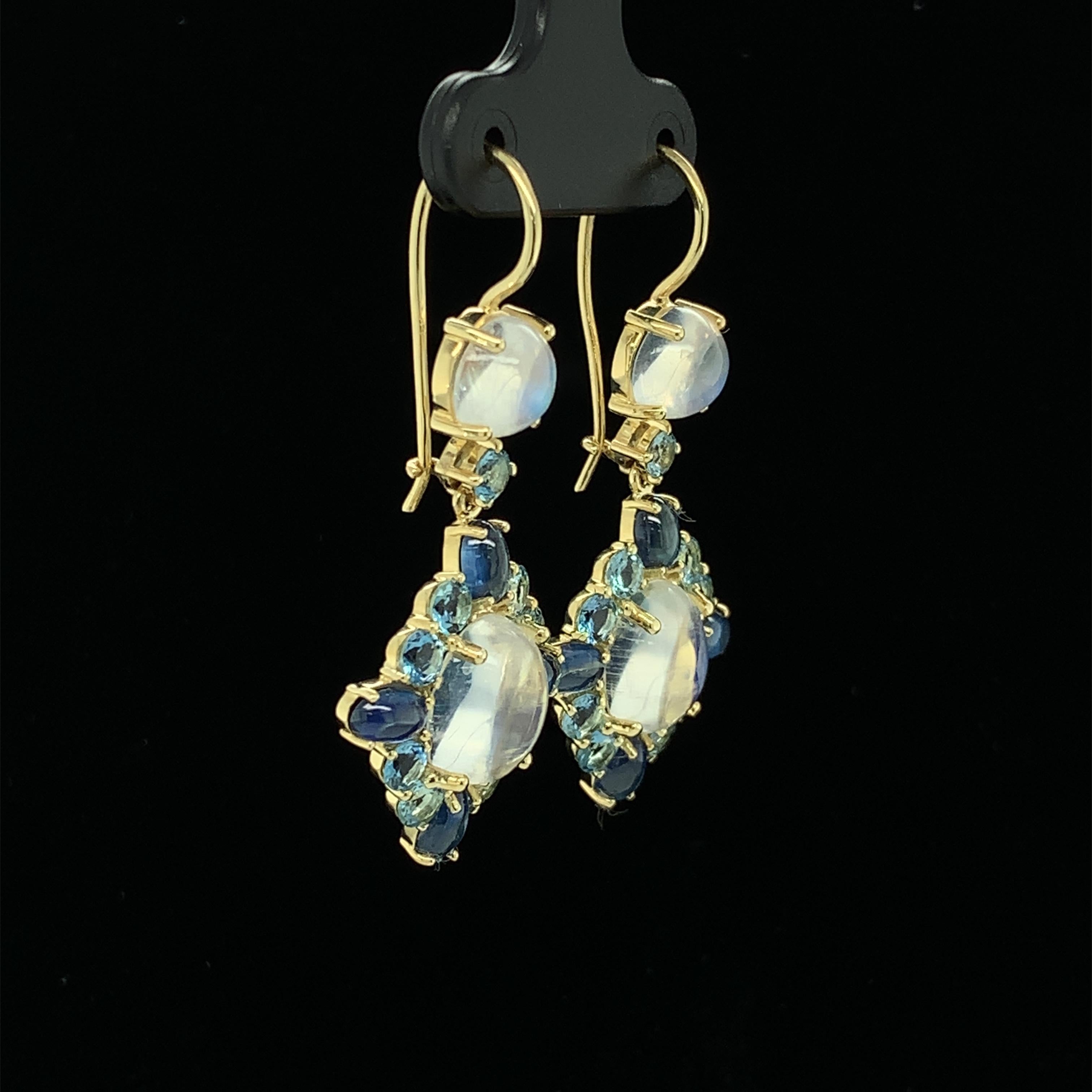 Moonstone, Aquamarine, Sapphire, Yellow Gold French Wire Dangle Drop Earrings 1