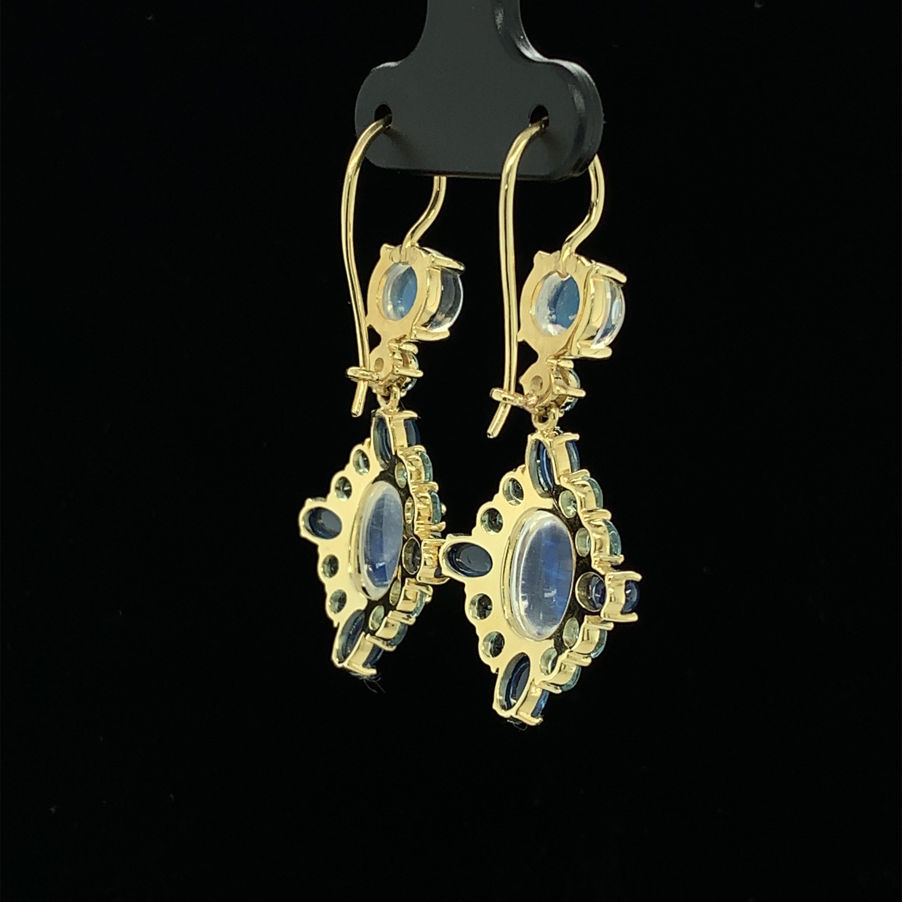 Moonstone, Aquamarine, Sapphire, Yellow Gold French Wire Dangle Drop Earrings 2