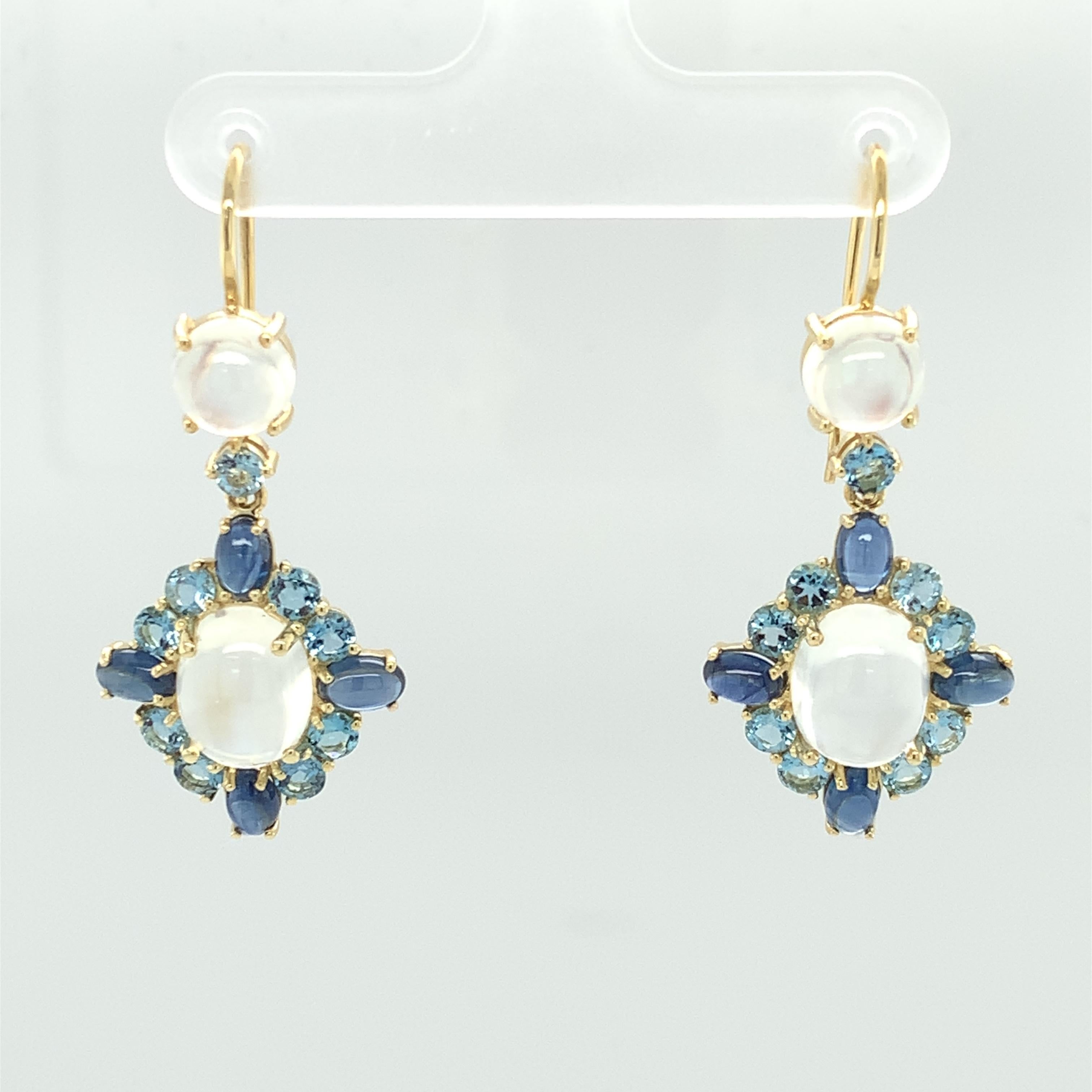 Moonstone, Aquamarine, Sapphire, Yellow Gold French Wire Dangle Drop Earrings 3