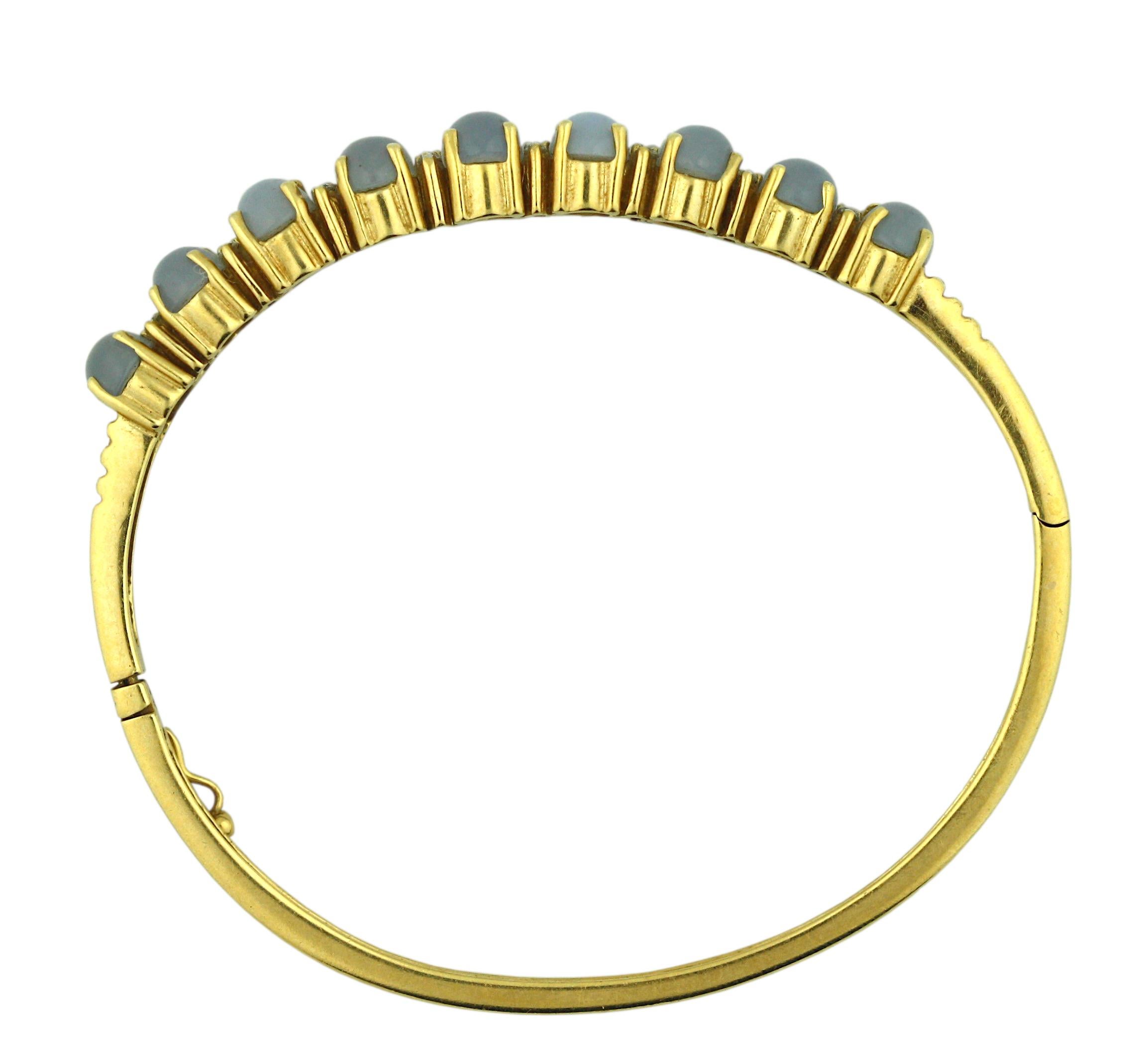 
Moonstone Bangle Bracelet 
Featuring nine moonstones 
Inner circumference 6 1/2 inches, 14K
Bracelet catch clasp