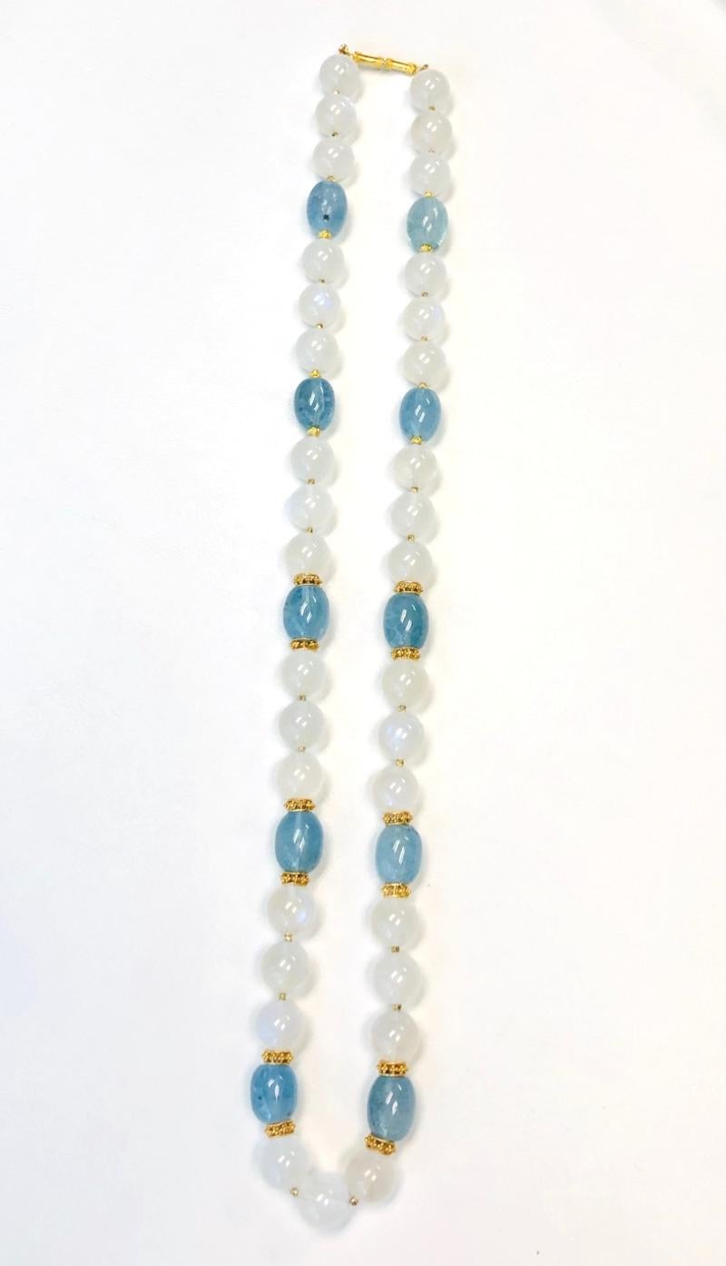 Moonstone Bead and Aquamarine Bead Necklace with Yellow Gold Spacers, 24 Inches 3