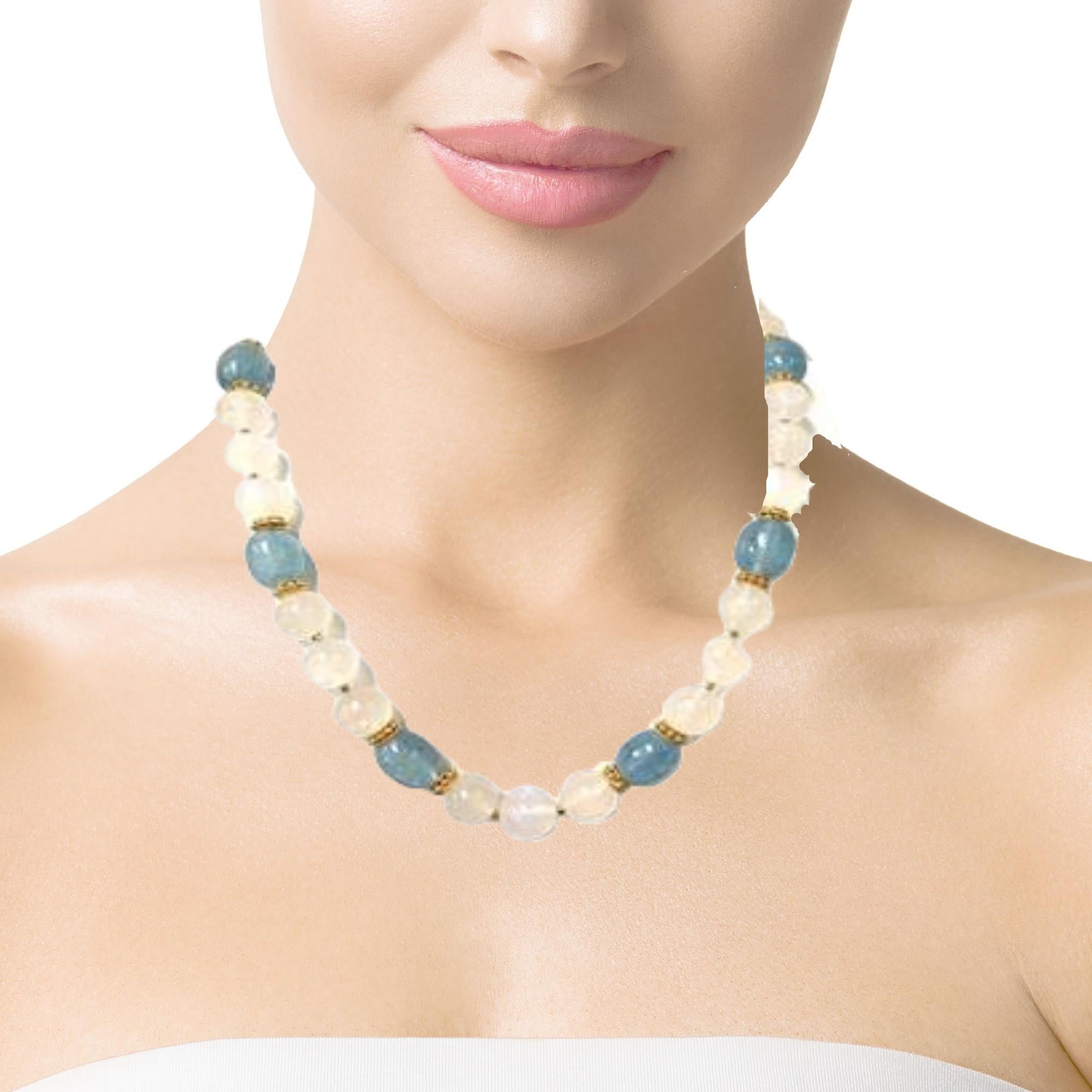 Moonstone Bead and Aquamarine Bead Necklace with Yellow Gold Spacers, 24 Inches 4