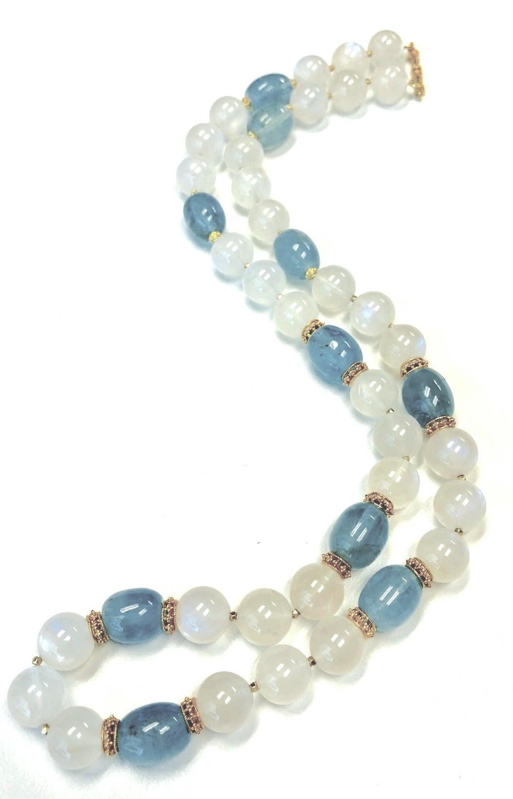 Artisan Moonstone Bead and Aquamarine Bead Necklace with Yellow Gold Spacers, 24 Inches