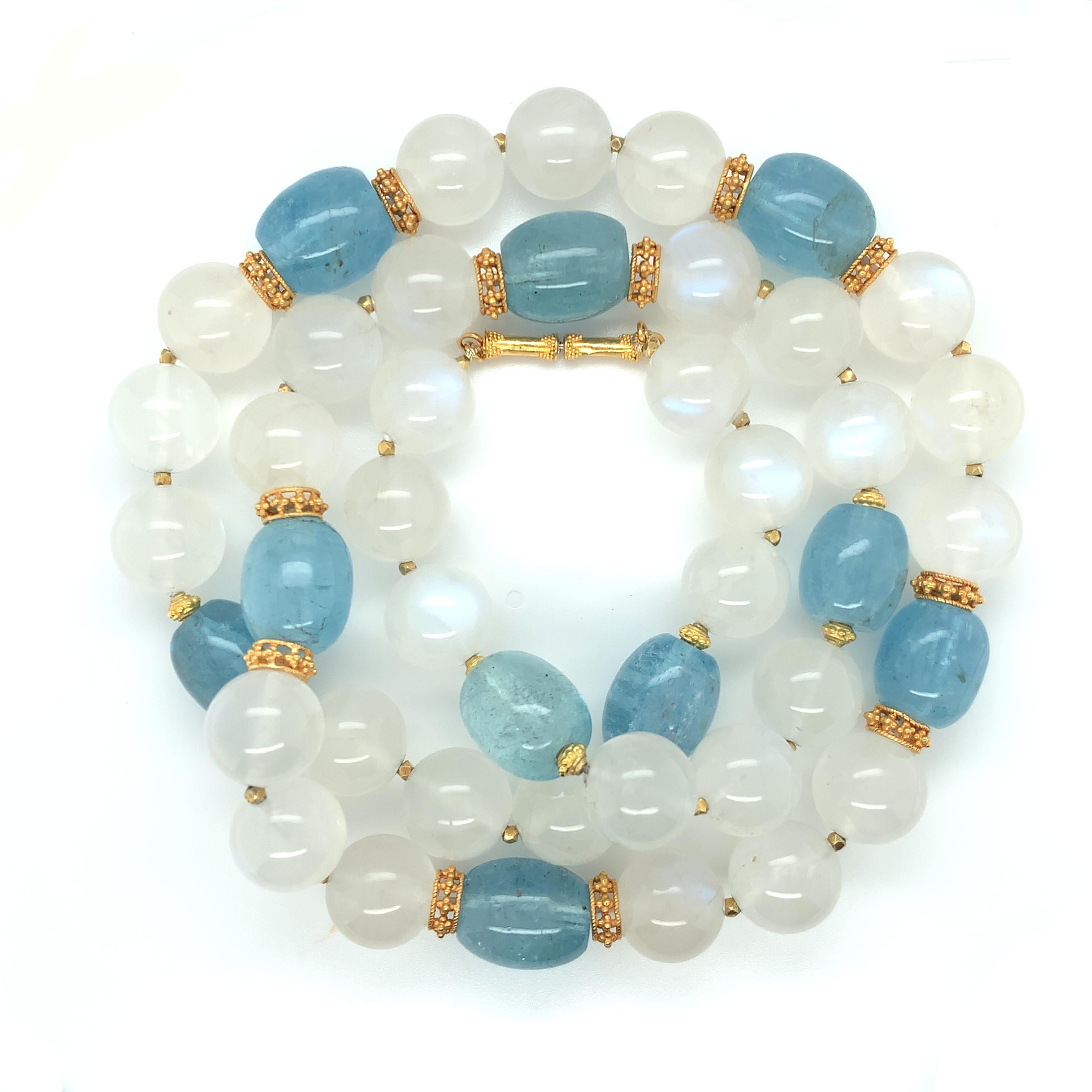 Moonstone Bead and Aquamarine Bead Necklace with Yellow Gold Spacers, 24 Inches In New Condition In Los Angeles, CA