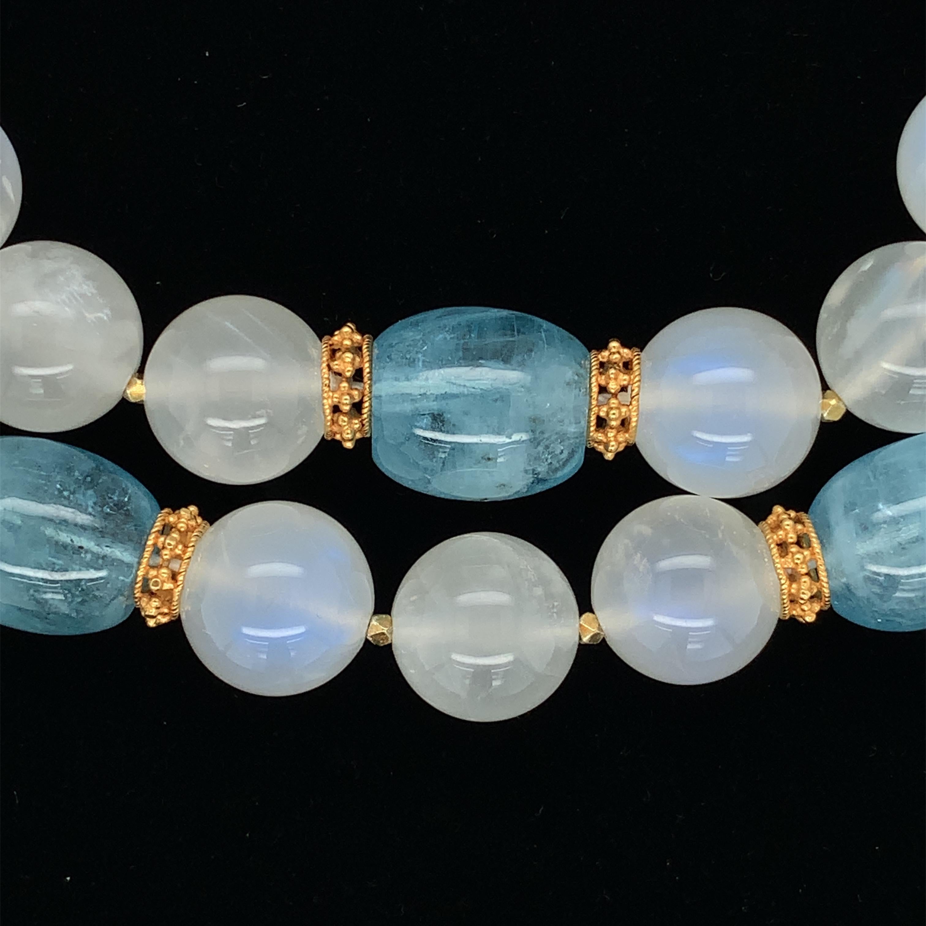 Women's Moonstone Bead and Aquamarine Bead Necklace with Yellow Gold Spacers, 24 Inches