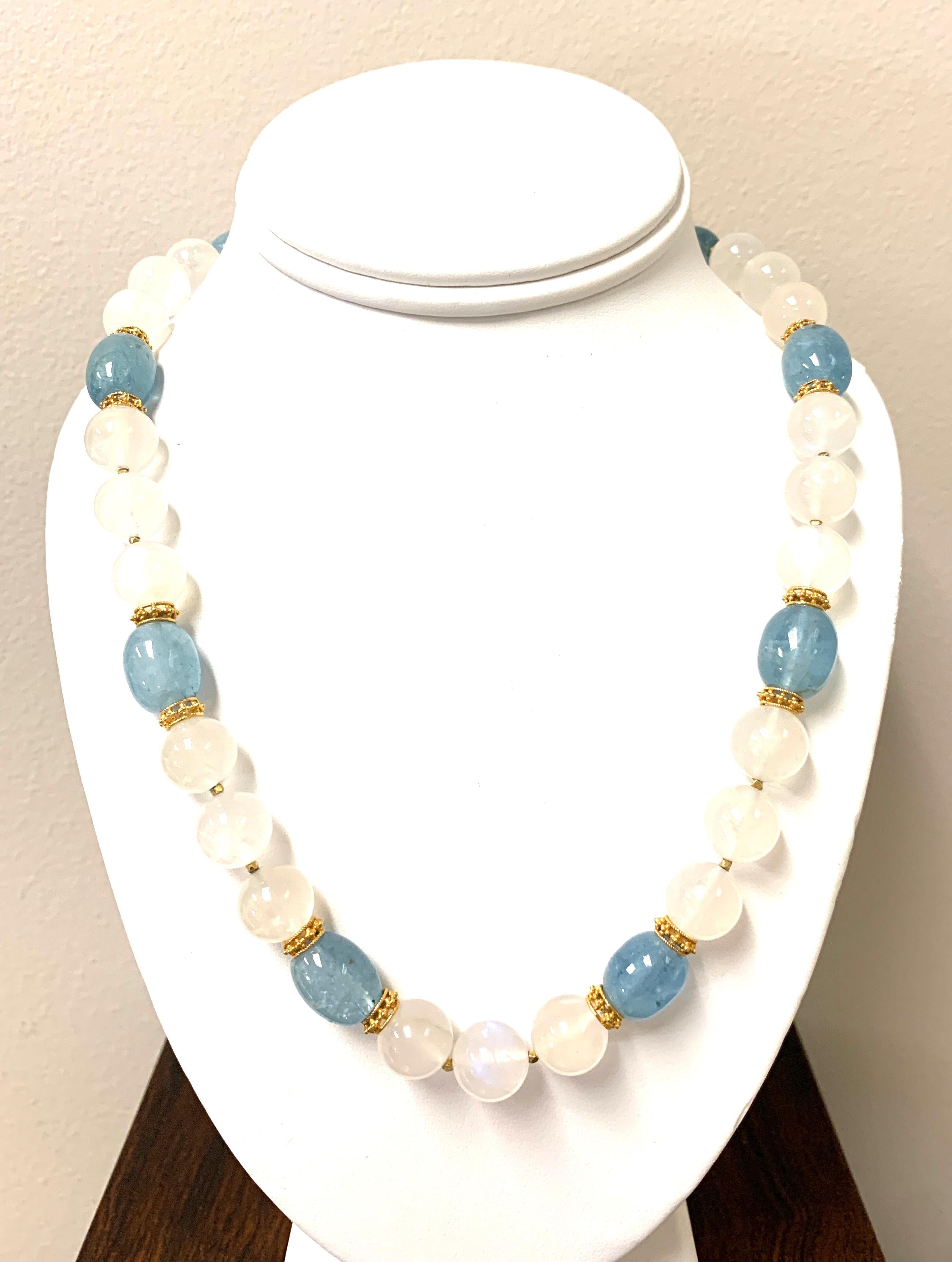 Moonstone Bead and Aquamarine Bead Necklace with Yellow Gold Spacers, 24 Inches 1