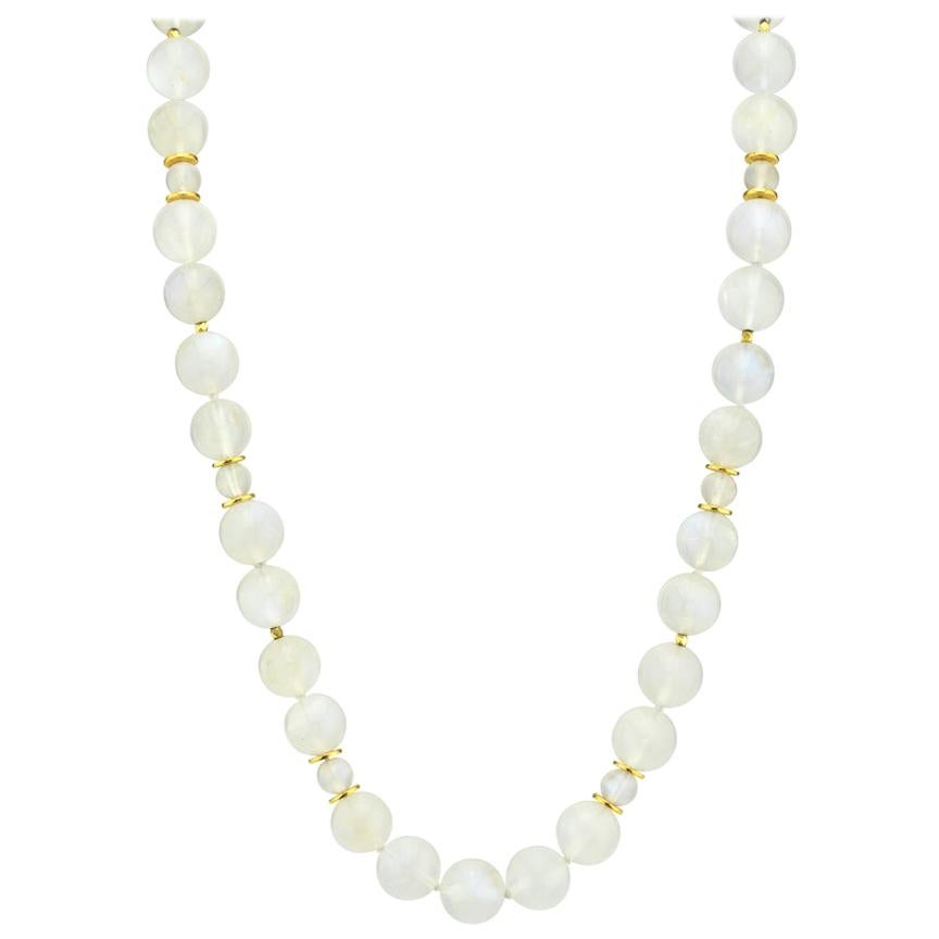 12mm Moonstone Bead Necklace, 19 Inches with Yellow Gold Clasp and Accents