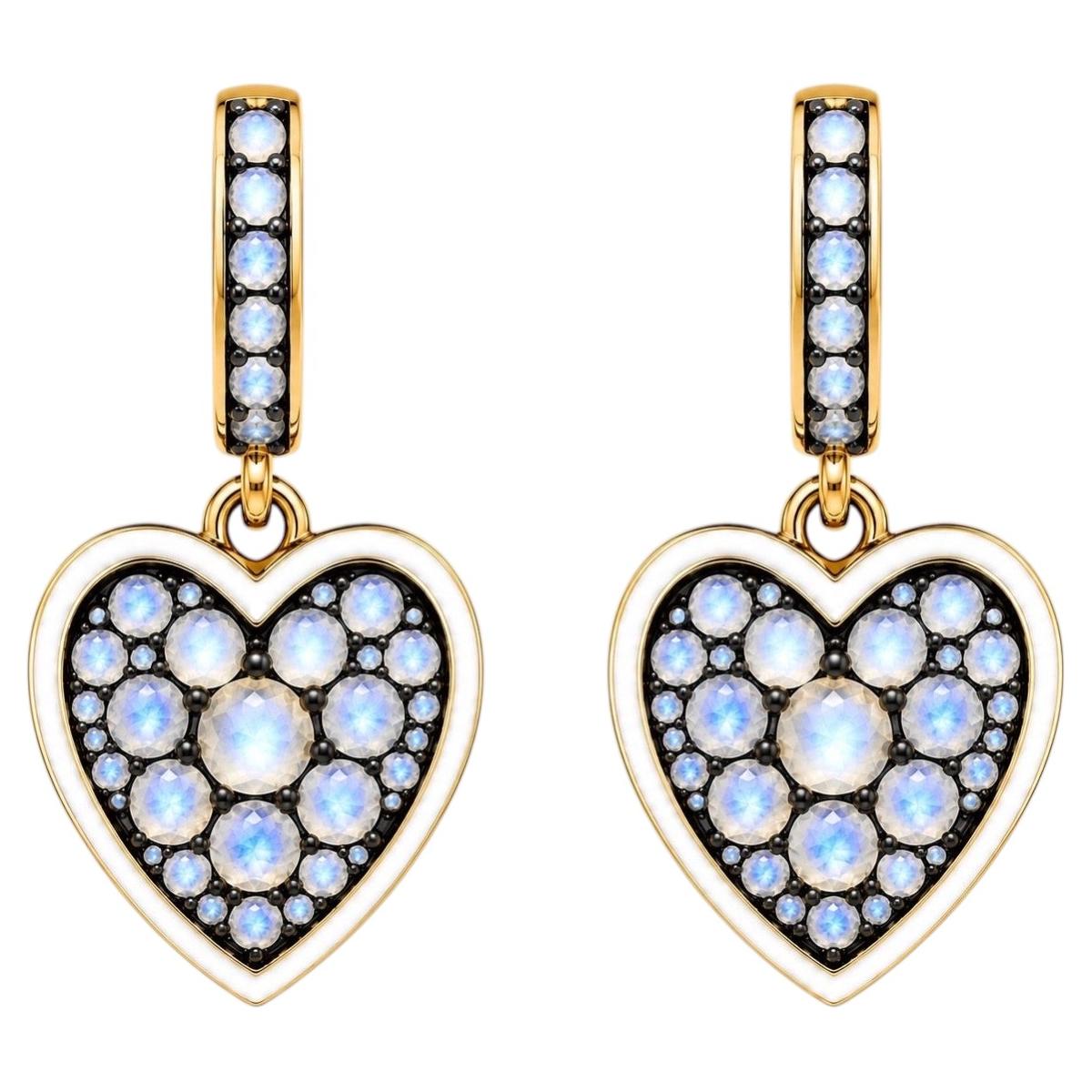 Moonstone Birthstone Heart Earrings White Enamel 14K Gold by Meghna Jewels