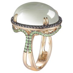 Moonstone Black Diamonds Green Garnet Cocktail Ring in 14 Karat Yellow Gold