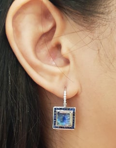 Moonstone, Blue Sapphire and Diamond Earrings set in 18K White Gold Settings