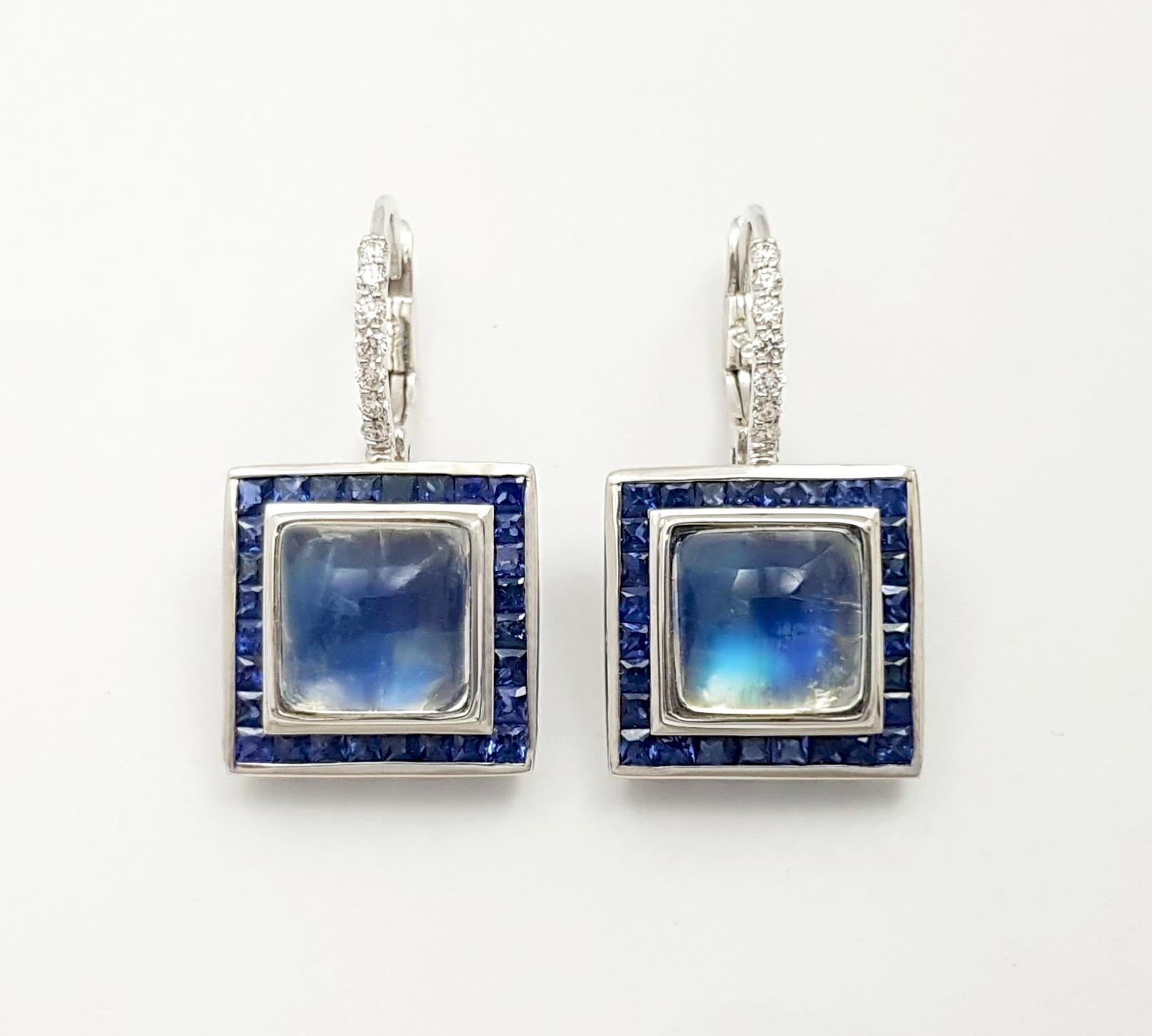 Contemporary Moonstone, Blue Sapphire and Diamond Earrings set in 18K White Gold Settings For Sale