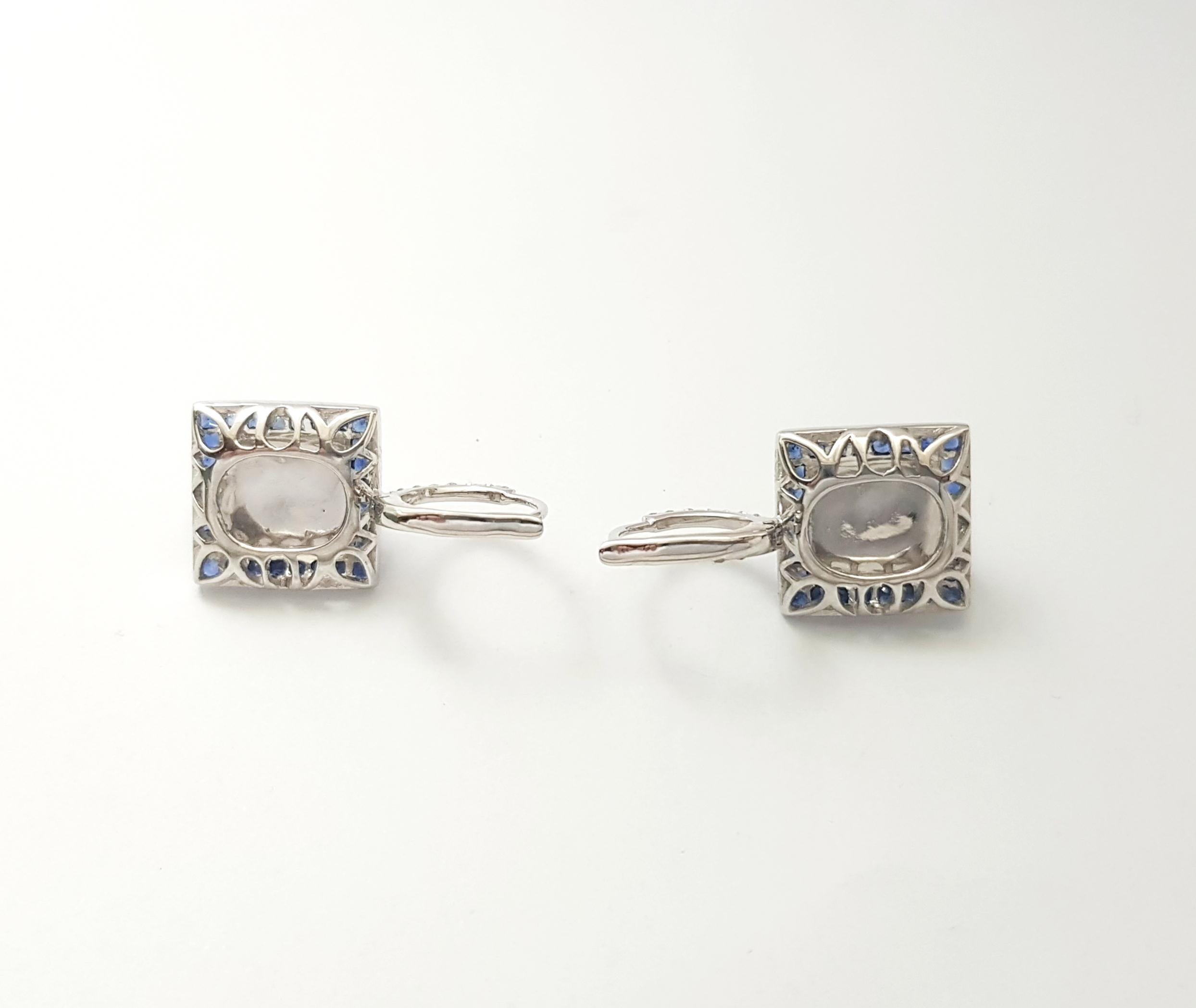 Women's Moonstone, Blue Sapphire and Diamond Earrings set in 18K White Gold Settings For Sale