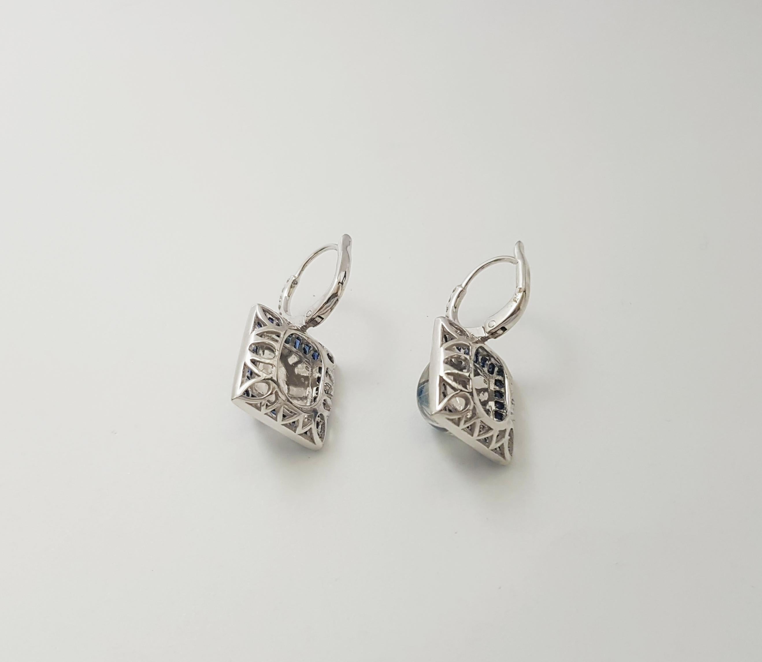 Moonstone, Blue Sapphire and Diamond Earrings set in 18K White Gold Settings For Sale 1