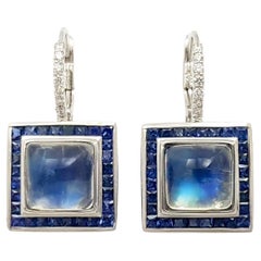 Moonstone, Blue Sapphire and Diamond Earrings set in 18K White Gold Settings