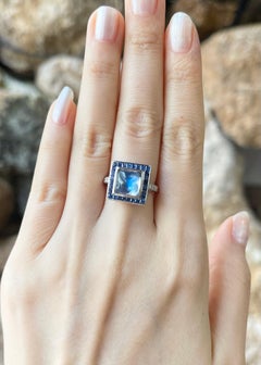 Moonstone, Blue Sapphire and Diamond Ring set in 18K White Gold Settings