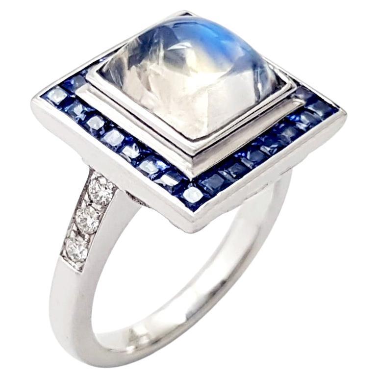 Moonstone, Blue Sapphire and Diamond Ring set in 18K White Gold Settings