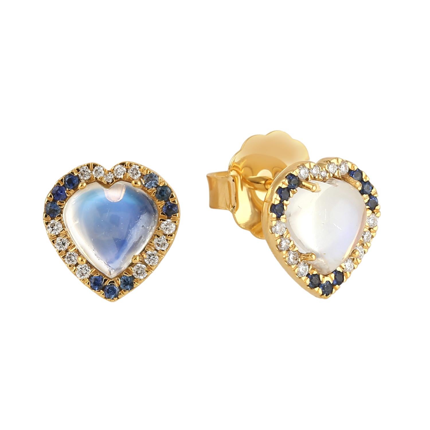 Modern Moonstone Blue Sapphire Diamond 14K Gold Heart Earrings For Sale