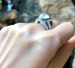Moonstone, Blue Sapphire, Diamond and Black Diamond Ring in 18 Karat White Gold