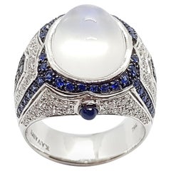 Moonstone, Blue Sapphire, Diamond and Black Diamond Ring in 18 Karat White Gold