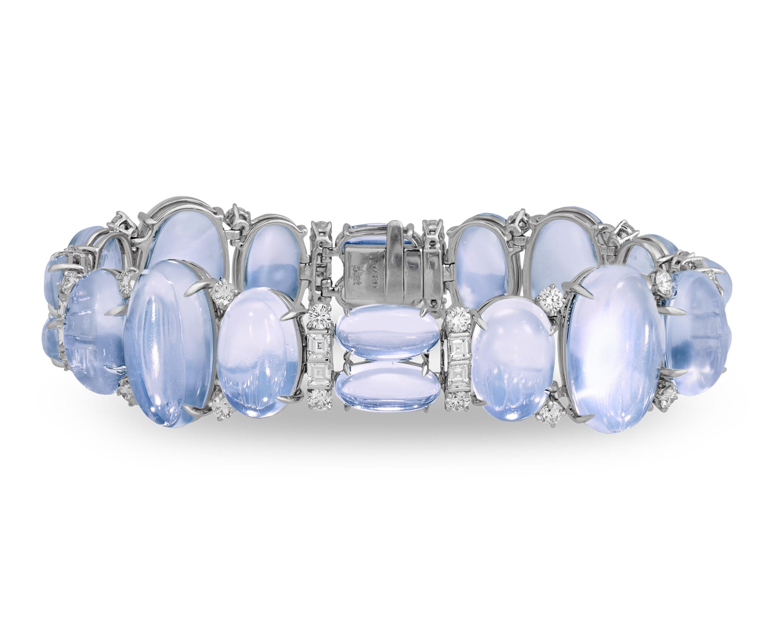 Luminous oval- and cushion-shaped moonstone beads are the stars of this Raymond Yard bracelet. Moonstone is a type of gemstone-quality variety of feldspar that is known for its pearl-like schiller, or iridescent luster. These particular moonstones,