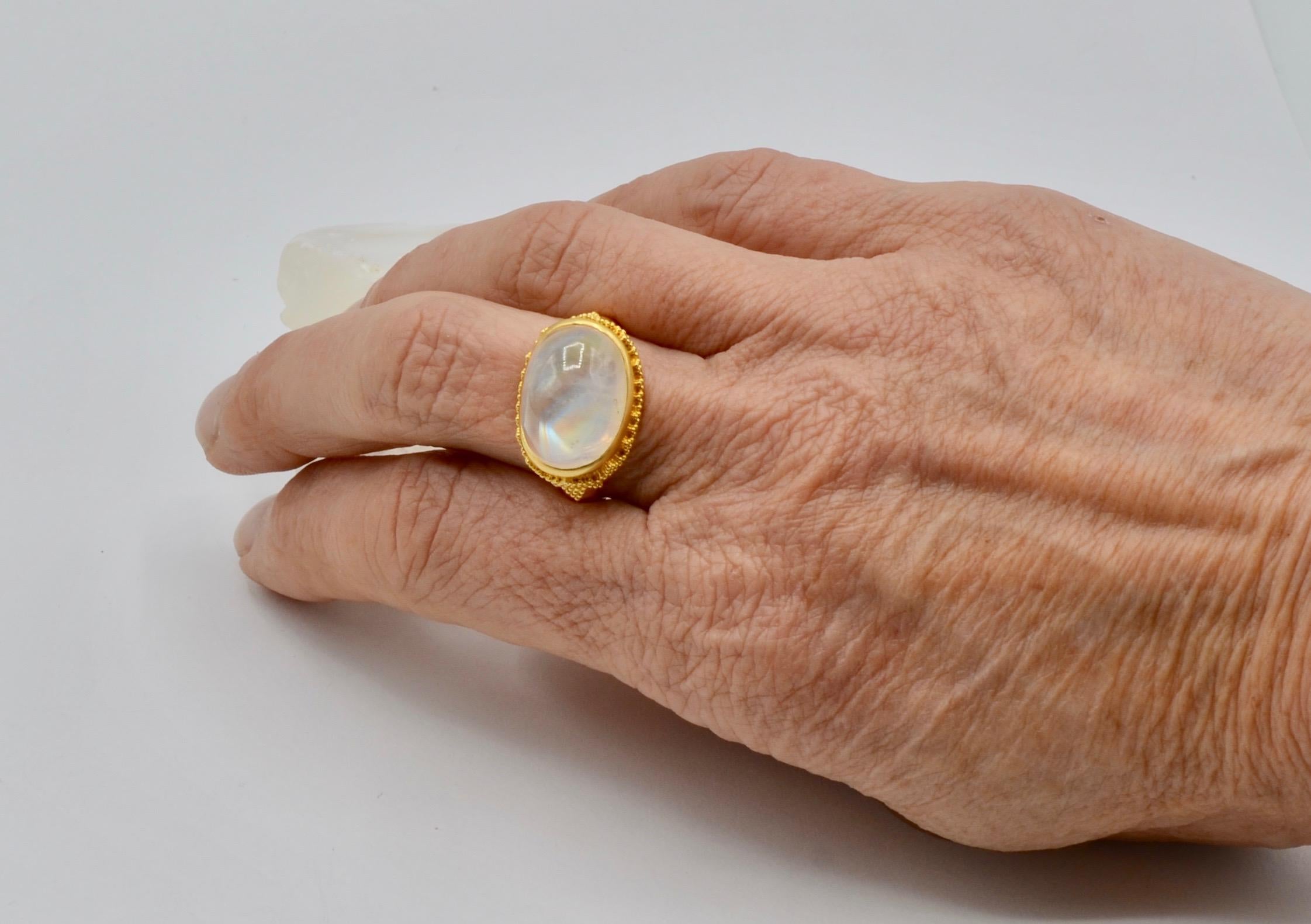 Women's or Men's Moonstone Cabochon and 22 Karat Bohemian Ring For Sale
