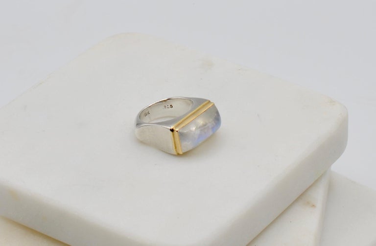 Moonstone Cabochon Bar Set in 18 Karat with Sterling Silver Ring For Sale  at 1stDibs