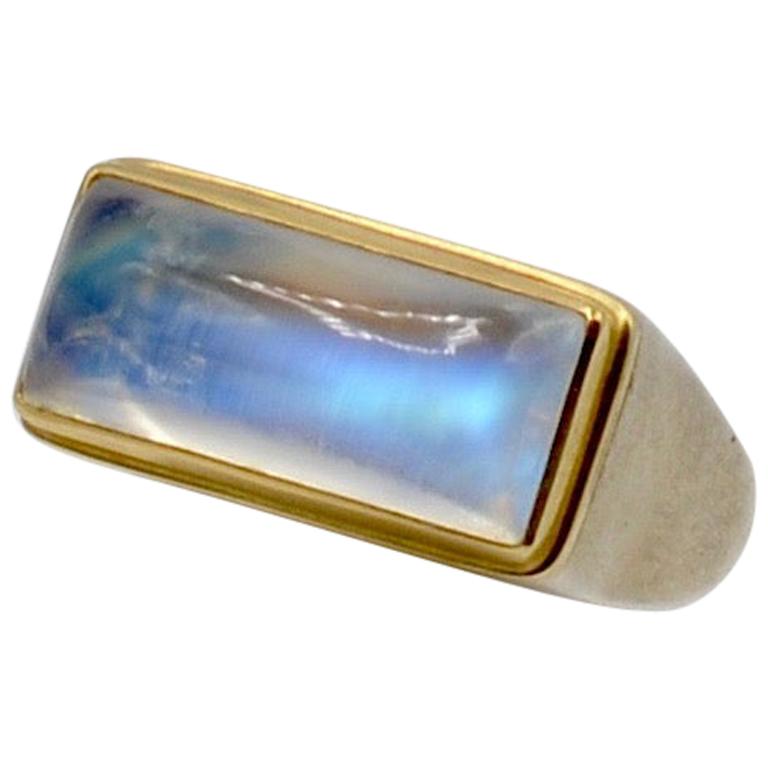 Moonstone Cabochon Bar Set in 18 Karat with Sterling Silver Ring For Sale