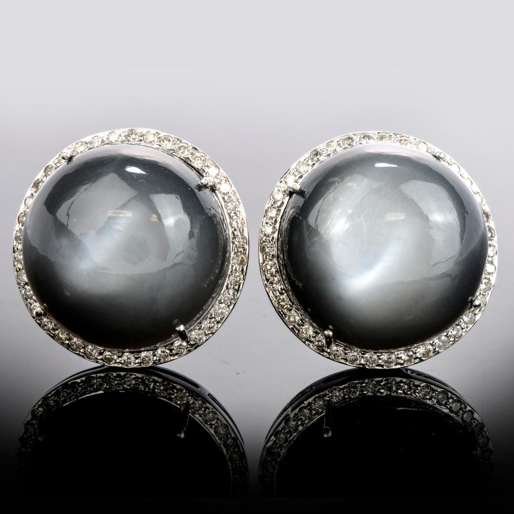 Modern Moonstone Cabochons Diamond Stud Clipon Earrings