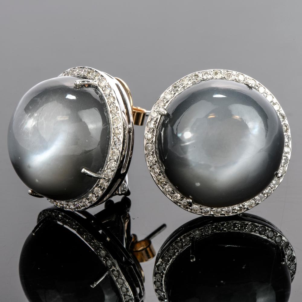 Moonstone Cabochons Diamond Stud Clipon Earrings In Excellent Condition In Miami, FL