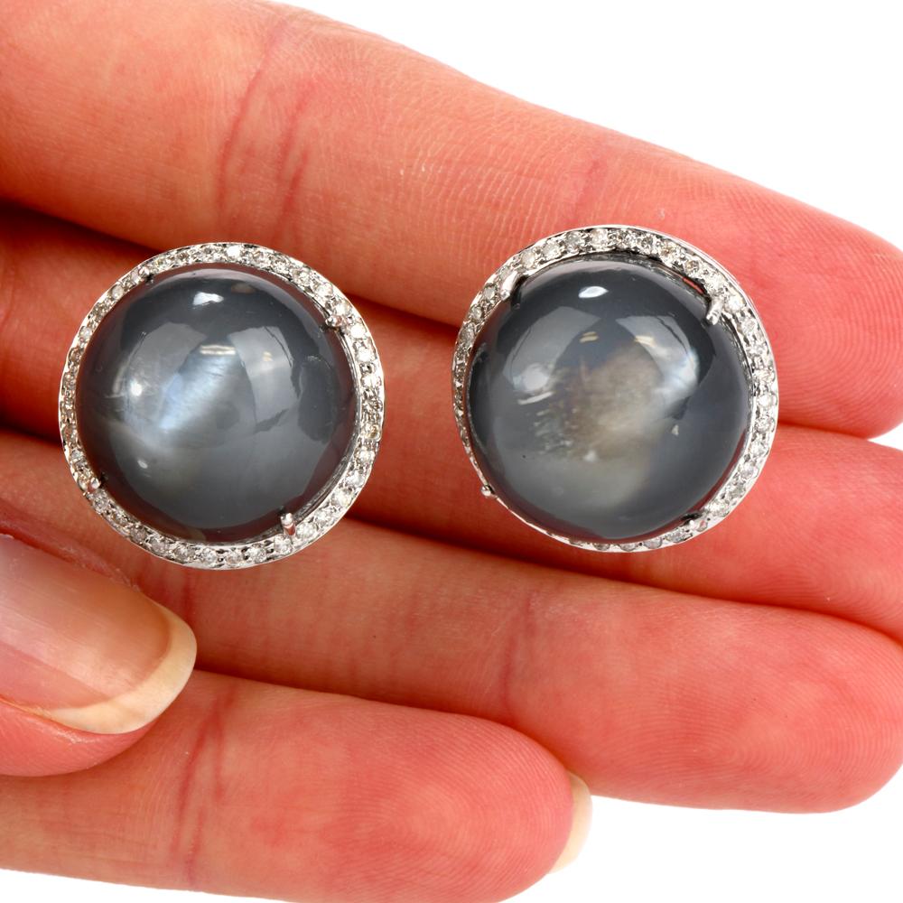 Women's Moonstone Cabochons Diamond Stud Clipon Earrings