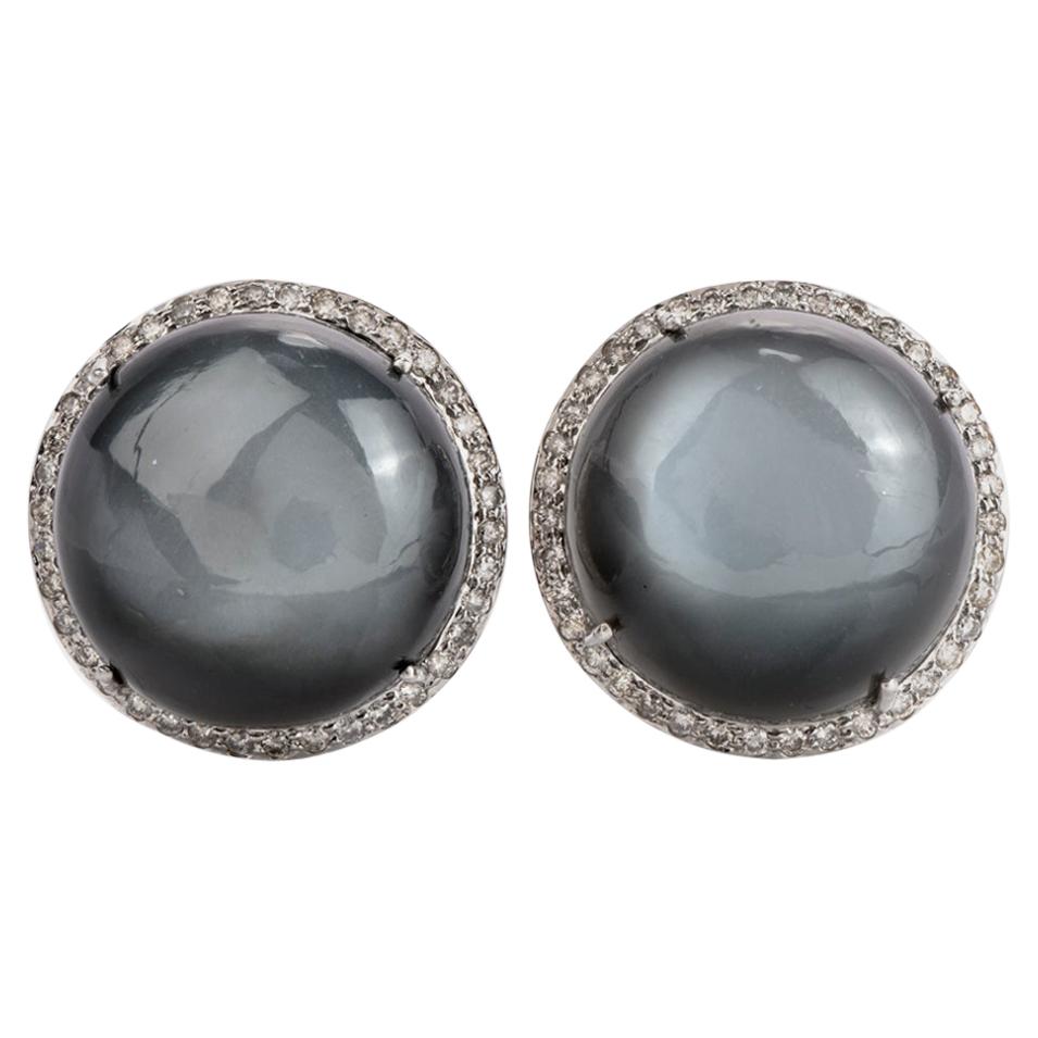 Moonstone Cabochons Diamond Stud Clipon Earrings
